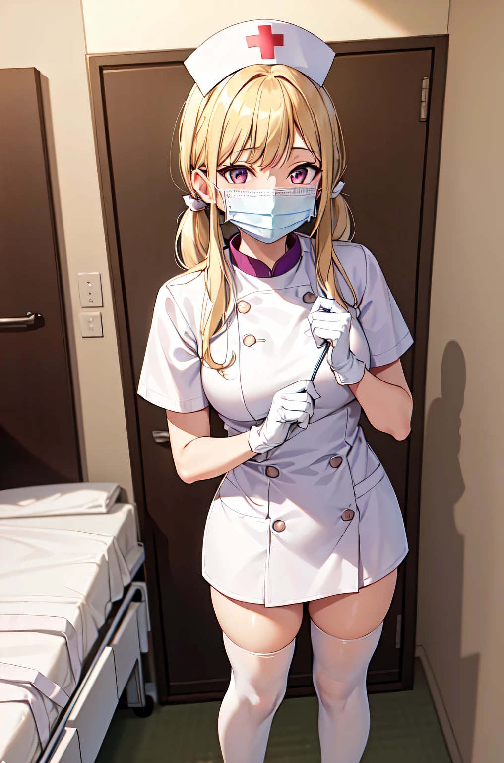 1girl, solo, nurse, nurse cap, white nurse uniform, ((white legwear, zettai ryouiki)), white gloves, twintails, yellow hair, purple eyes, ((white surgical mask, covered nose)), standing, ((hospital room)), sharp outline, short sleeves, best quality, masterpiece