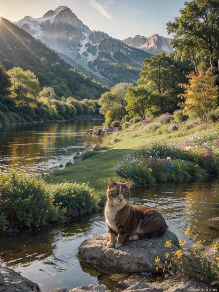 (best quality,4k,8k,highres,masterpiece:1.2),ultra-detailed,(realistic,photorealistic,photo-realistic:1.37),colorful, vibrant, vibrant colors, vivid colors, (nature-inspired, nature-based:1.1) (illustration,illustrated:1.1), (digital rendering:digital), (fluid, flowing,floating:1.1), (impressionistic, dream-like, dreamy:1.2), (soft, gentle:1.1) lighting, (lush, green:1.1) environment, (warm, golden:1.1) sunlight, (majestic, dramatic:1.1) mountains,(majestic, dramatic:1.1) cat, (graceful, elegant:1.1) cat, resting on a (rocks,stone,boulder:1) near a (crystal-clear, sparkling:1.1) (stream, brook, river:1), (gentle, soft:1) waves, (colorful, vibrant:1.2) flowers and (tall, beautiful:1.1) trees surrounding the scene. The cat is (curious:1.1) and (playful:1.1), with (bright, expressive:1.2) eyes and a (relaxed, content:1.1) expression on its face. The (sunset, sundown:1.1) paints the sky with (warm, vibrant, golden:1.1) hues and casts a (soft, warm:1.1) light over the entire scene, creating a (calm, serene, peaceful:1.1) atmosphere. The (mountains, peaks:1.1) stand tall and proud in the distance, while (colorful, vibrant:1.1) flowers bloom all around, adding a touch of (beauty, elegance:1.1) to the landscape. In the background, (lush, green:1.1) trees sway gently in the breeze, completing the (idyllic, picturesque:1.1) scene.