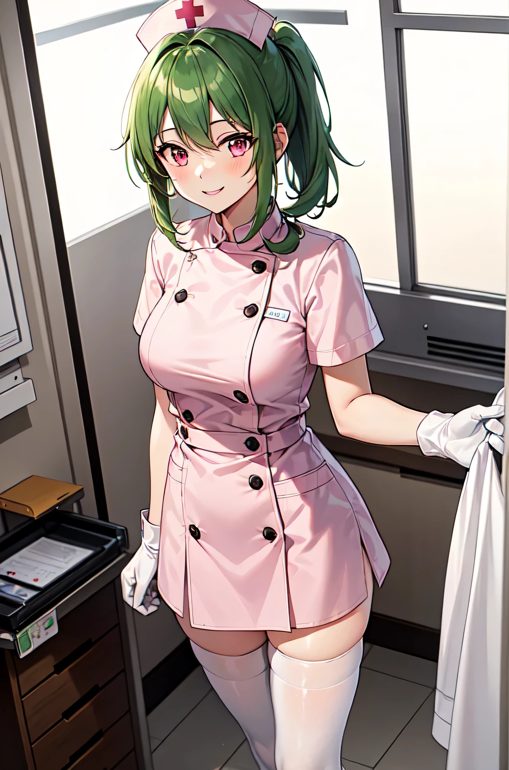 1girl, solo, nurse, nurse cap, white nurse uniform, ((white legwear, zettai ryouiki)), white gloves, ponytail, green hair, pink eyes, smile, standing, ((hospital room)), sharp outline, short sleeves, best quality, masterpiece