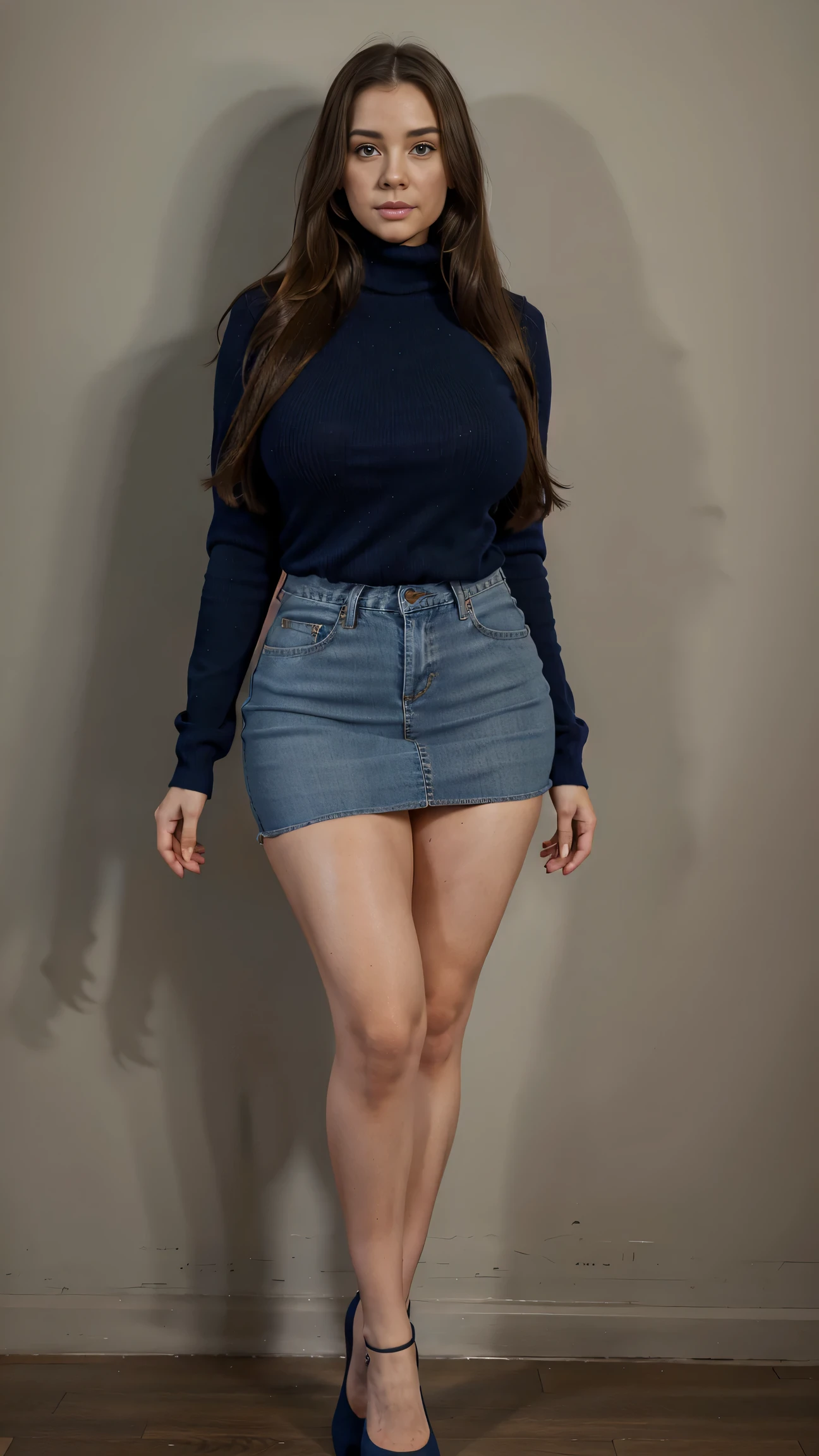 Full body shot of 1 beautiful woman, adult, large body, voluptuous woman, (very long straight hair),( brunette hair), outlined eyelids, made-up eyelids, turtleneck sweater, scarf, neckline, (blue mini denim skirt), tempting , dreaming, curvy hourglass figure, oppai proportion, tight skirt , tall, tall, long legs