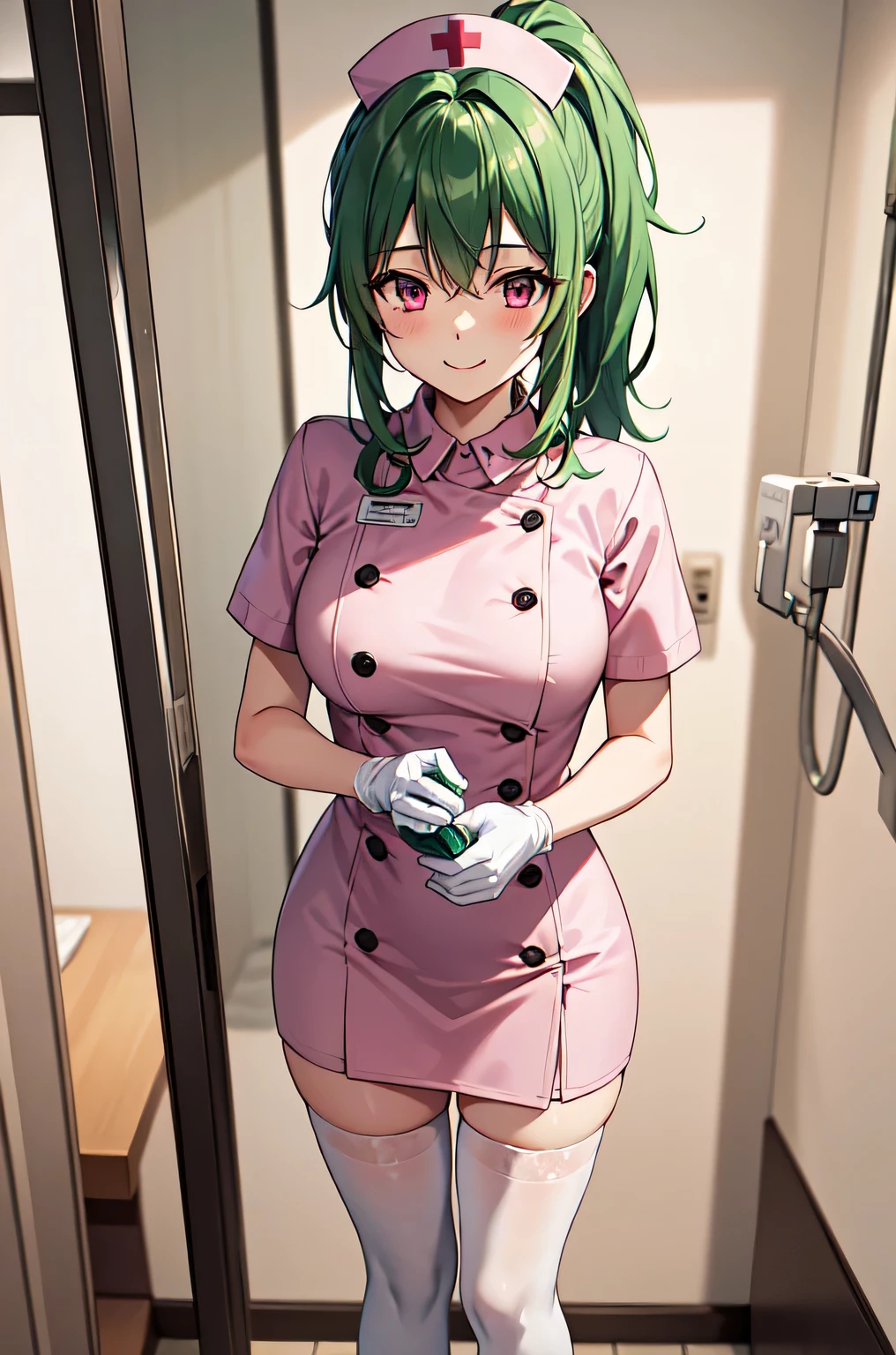 1girl, solo, nurse, nurse cap, white nurse uniform, ((white legwear, zettai ryouiki)), white gloves, ponytail, green hair, pink eyes, smile, standing, ((hospital room)), sharp outline, short sleeves, best quality, masterpiece