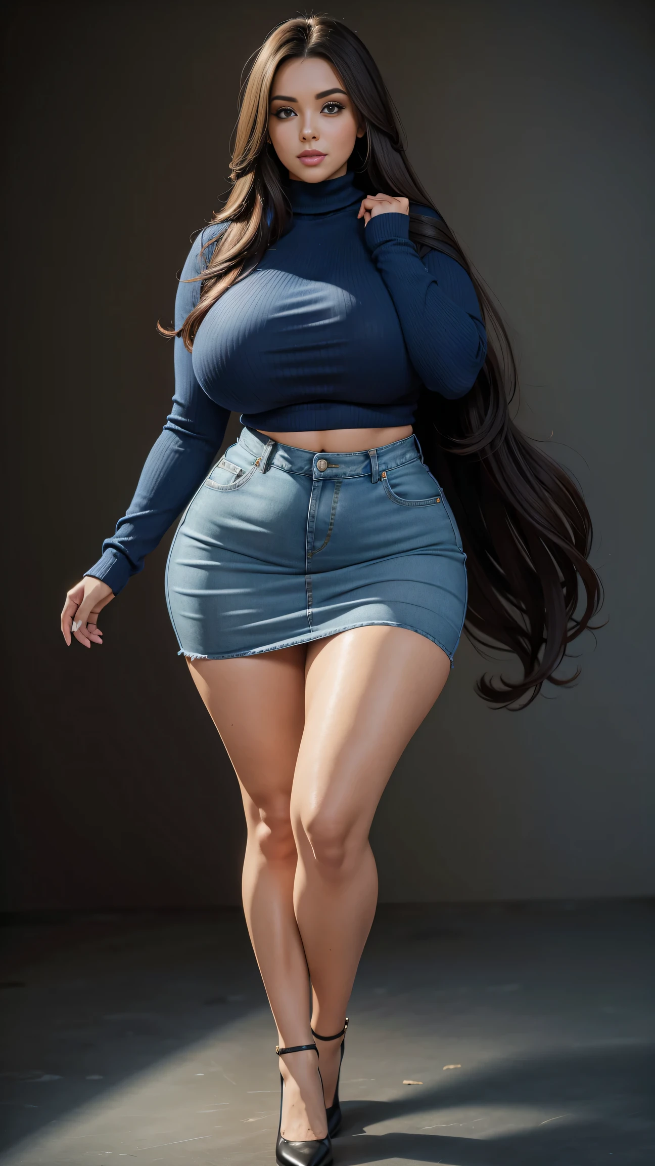 Full body shot of 1 beautiful woman, adult, large body, voluptuous woman, (very long straight hair),( brunette hair), outlined eyelids, made-up eyelids,  turtleneck sweater,  scarf, neckline, (blue mini denim skirt),  tempting , dreaming, curvy hourglass figure, oppai proportion, tight skirt , tall, tall, long legs