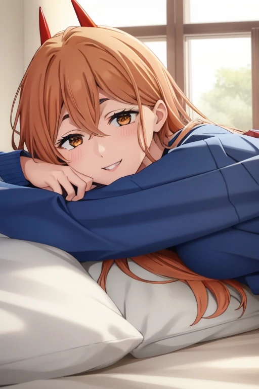 on bed, upper body, looking viewer, lying on her back, young, high school student navyblue sweater, very slender, orange/brown(1:1) hair, 2 horns, opening mouth, smile, sharp eyes