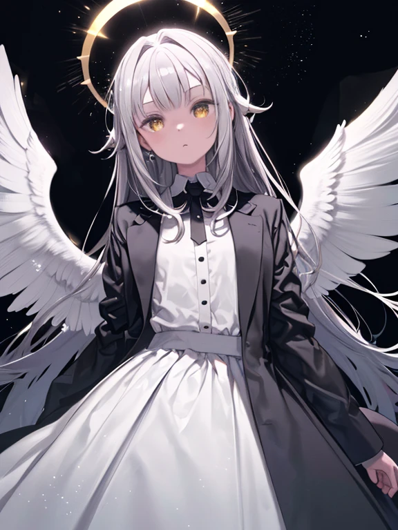 (masterpiece, highest quality:1.3), (Very detailed:1.3), One girl, alone, (Gray Hair, Messy Hair, Long Hair), (Angel Wings, Angel Halo), Flat Chest, Yellow Eyes, (White shirt, Black tie, Black coat, Open Court), Cowboy Shot, Cinema Lighting, (((Glowing light particles))), (Put your arms behind your back), Dynamic Angle,