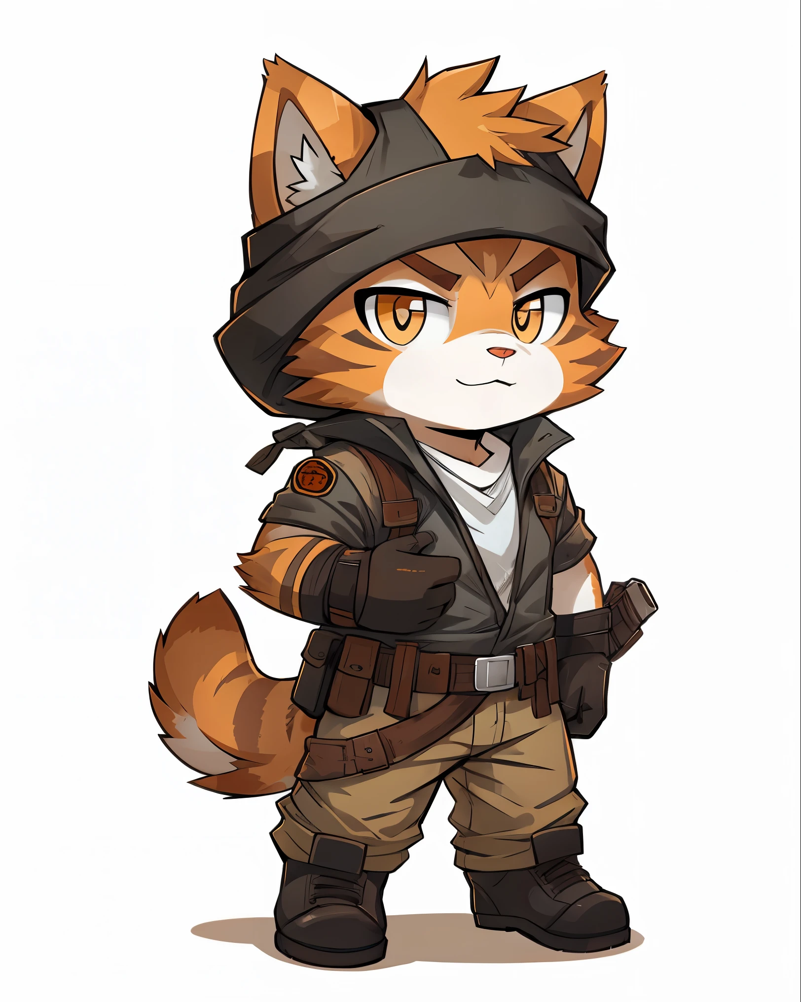 Orange cat girl dressed as rambo from movie, chibi, standing, background white flat, stunning style