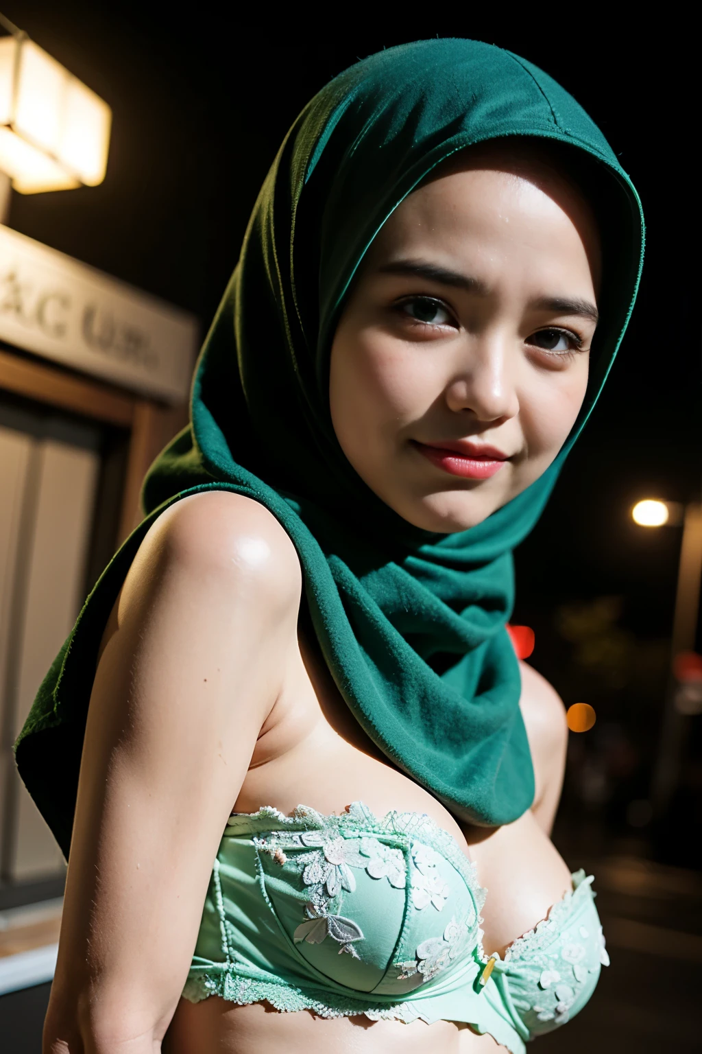 ((Gigantic tits:1.5)), (from behind up) seductive pose, ((Flat Chest:1.3)), (Happy smile), (((HIJAB MALAY GIRL))), masutepiece, High quality, UHD 32K, Realistic face, Realistic skin feeling , A Japanese Lady, 58 years old matured lady, (((FLAT CHEST))), (Night time at forest), ((look In front  at the camera and SADNESS)), (((GREEN FLUORESCENT & GREEN FLUORESCENT))), (((CUTE GIRL))), ((GREEN FLUORESCENT LIPS)), ((Floral Pattern)) little ((wearing pastel lace strapless bra)), dark night background , black forest night, horror scary place,