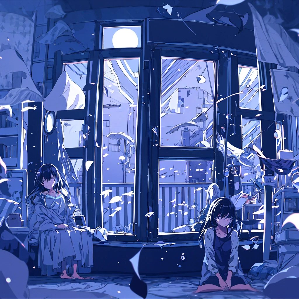 An anime girl is sitting in the pitch-black room, engrossed in her music through headphones. The luminescent glow of the moon filters in through the window, casting a soft light on the scene. Despite the serene external factors, her expression is sad and unreadable. The small, upturned nose, and face partially hidden from view, ensure that her inner emotions remain concealed.