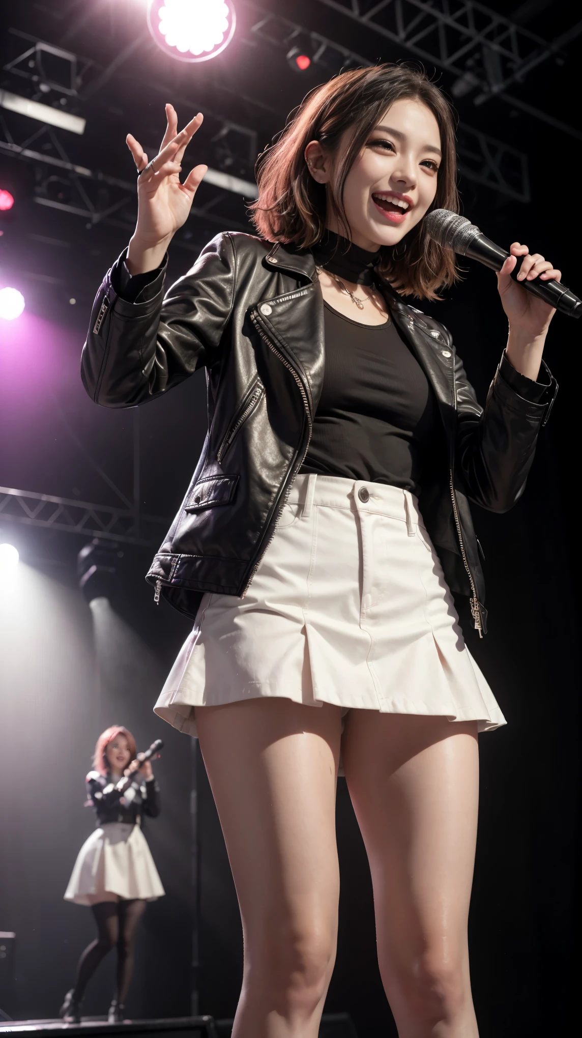 highest quality,masterpiece,Ultra-high resolution,(Actual:1.4),Original photo,Ultra-high resolution,8K,Flashy makeup with red eyeshadow,Big laughing smile,Short, side-wave style for delicate hair,Miniskirt concert costume,Jacket live costume,Girl Idol,Concert Venues,Hold the wireless microphone in your hand,high waist,Full Body,
