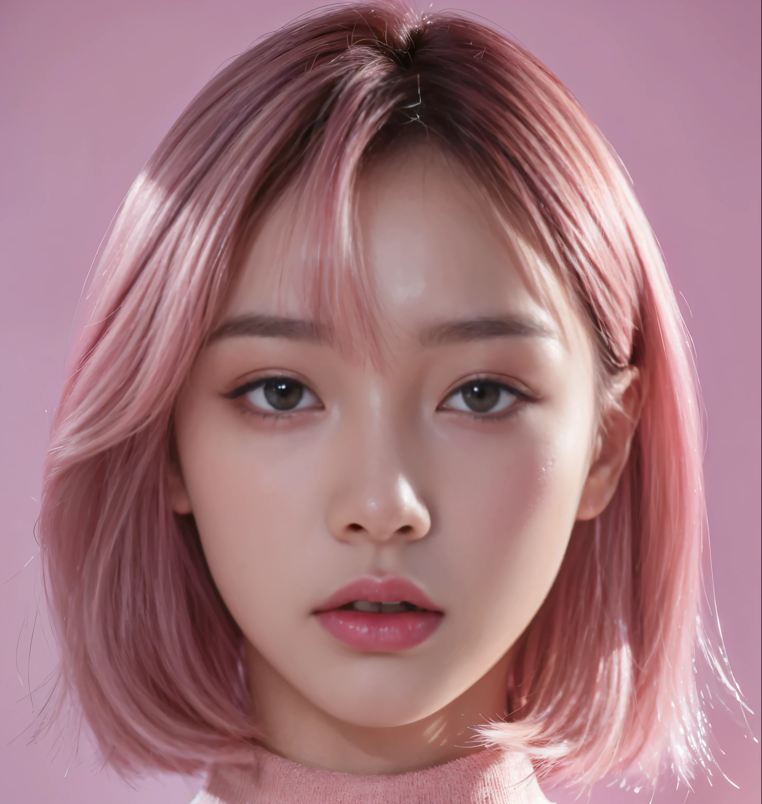 Close-up of a woman with pink hair and pink sweater, inspired by Yanjun Cheng, blackpink josie&#39;s portrait, Soft portrait shots 8 k, Portrait of a Korean idol, Artwork in the style of Guweiz, Inspired by Russell Dongjun Lu, 8K portrait rendering, Kawaii Realism Portraits, Shiny pink face, Portrait of a Korean female idol，high quality，Realism，HD，Mushroom head [ 4K Realism ]