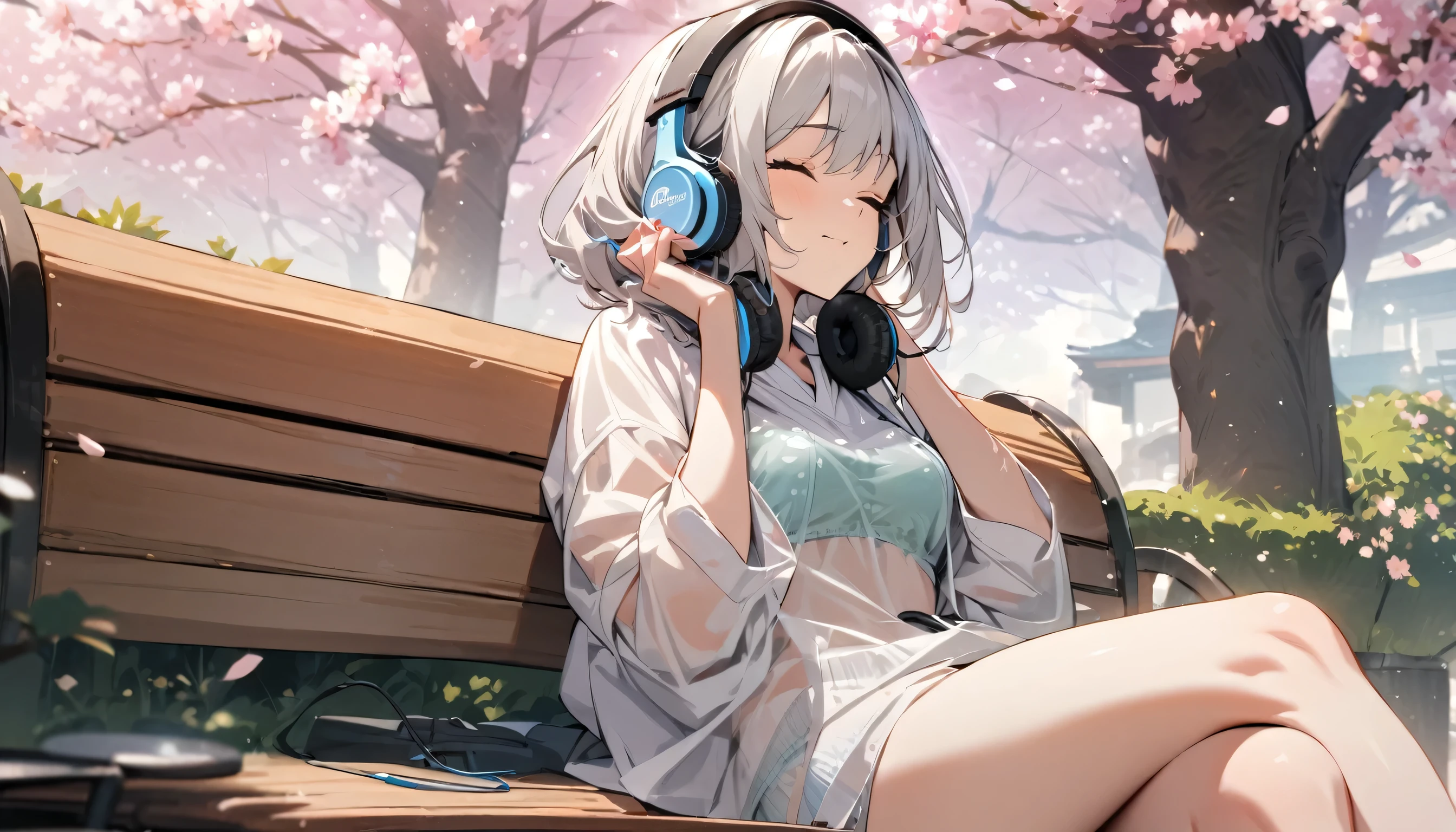 ((best quality)), ((masterpiece)), (detailed), perfect face, sitting under the cherry blossom tree, listening to music, One woman, wearing headphones, eyes closed, wearing underwear, underwear is transparent, sitting on a bench