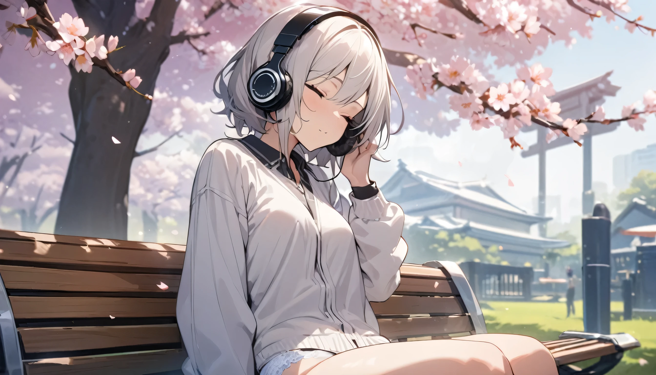 ((best quality)), ((masterpiece)), (detailed), perfect face, sitting under the cherry blossom tree, listening to music, One woman, wearing headphones, eyes closed, wearing underwear, underwear is transparent, sitting on a bench