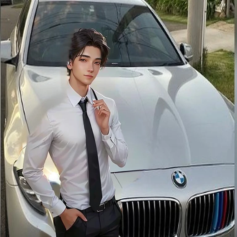 a young man.wear white shirt.Black suit pants.Wear blue tie.with a smile on face.Standing against the hood of a BMW.Cross your hands on your chest.young man with short hair.masterpiece, best quality, (Extremely detailed CG Unity 8K wallpaper), (best quality), (Best Illustration), (The best shadow), absurd, Realistic lighting, (abyss), Beautiful and delicate light, Artworks by Peter Mohr Bacher,