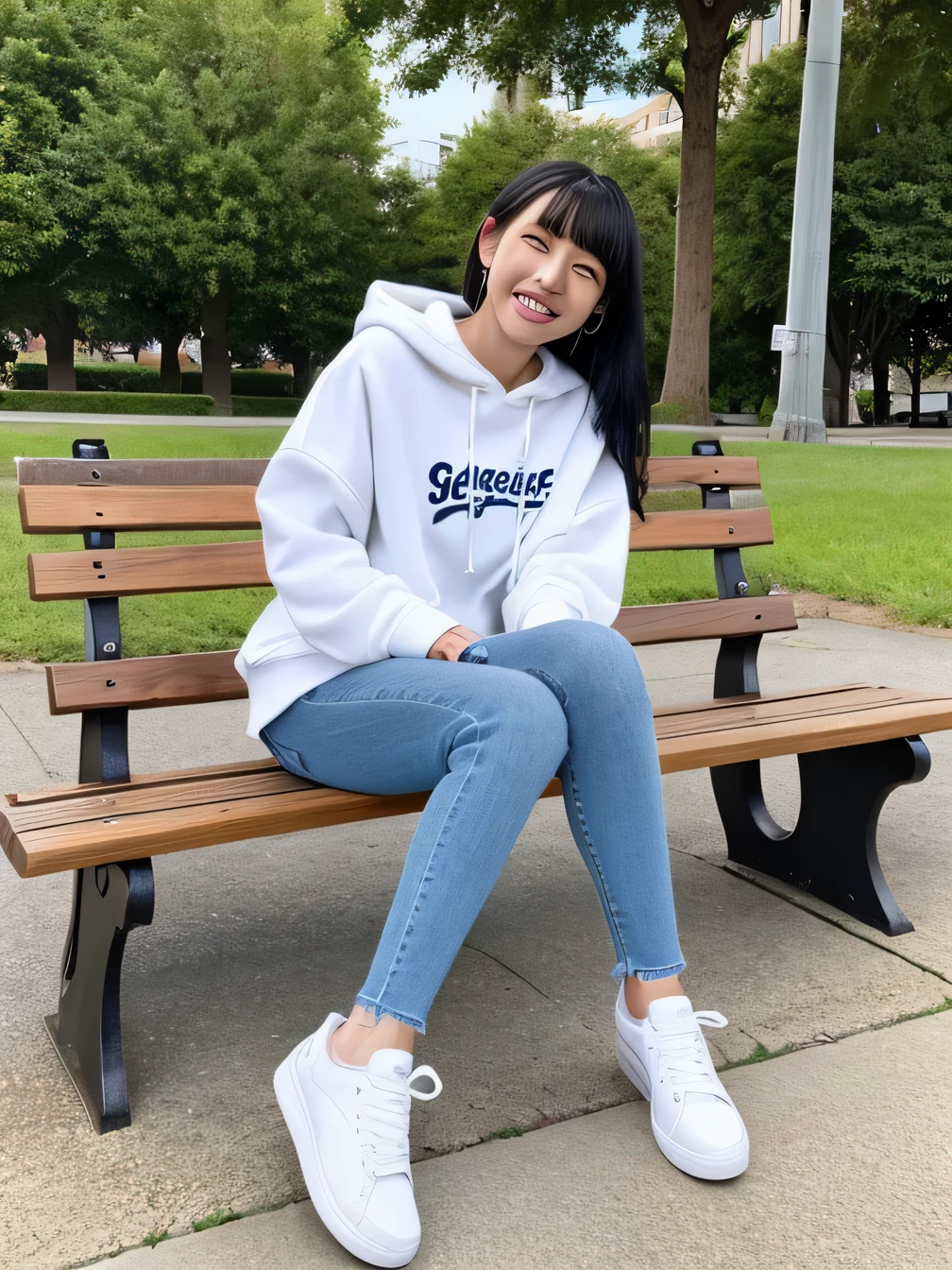 highest quality)), ((masterpiece)), (Get used to it), Perfect Face、((highest quality)), A beautiful and elegant woman sitting on a park bench、ear piercing、hoodie、Skinny jeans、sneakers、Black Hair、Smiling with teeth showing、Full body photo、Ear piercing information