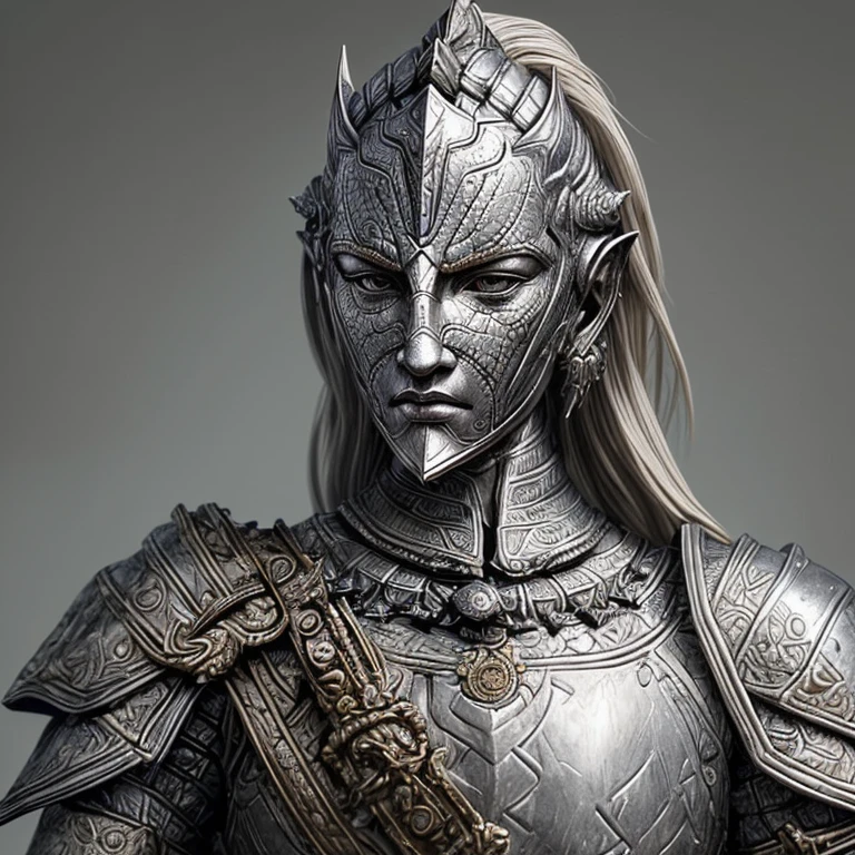 A knight head,batik sculpture,with a perfect sculptural realistic,with silver mediaval armor, and potrait, ultra realistic, HD,