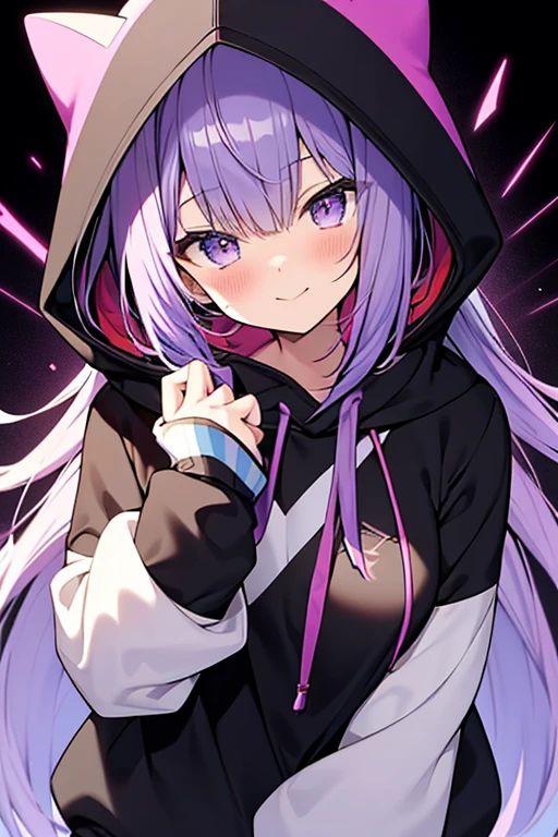 anime,manga,1girl, solo, hood,long sleeves, bangs, hood up, black hoodie,upper body, multicolored hair, looking at viewer, purple hair, hair between eyes, puffy long sleeves, hoodie, puffy sleeves,drawstring, blush, closed mouth, virtual youtuber, sleeves past wrists, smile