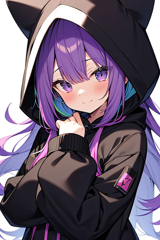 anime,manga,1girl, solo, hood,long sleeves, bangs, hood up, black hoodie,upper body, multicolored hair, looking at viewer, purple hair, hair between eyes, puffy long sleeves, hoodie, puffy sleeves,drawstring, blush, closed mouth, virtual youtuber, sleeves past wrists, smile			