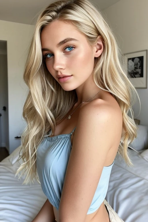 1 fille dans, 19 ans, Seulement, cheveux longs, Colossal , allonger dans son lit, regarder le spectateur, long messy and windy blonde hair, yeux bleus, bare shoulders, bijoux, tout le corps, un collier, off the shoulders, Chandails, Realistic, Un sexy