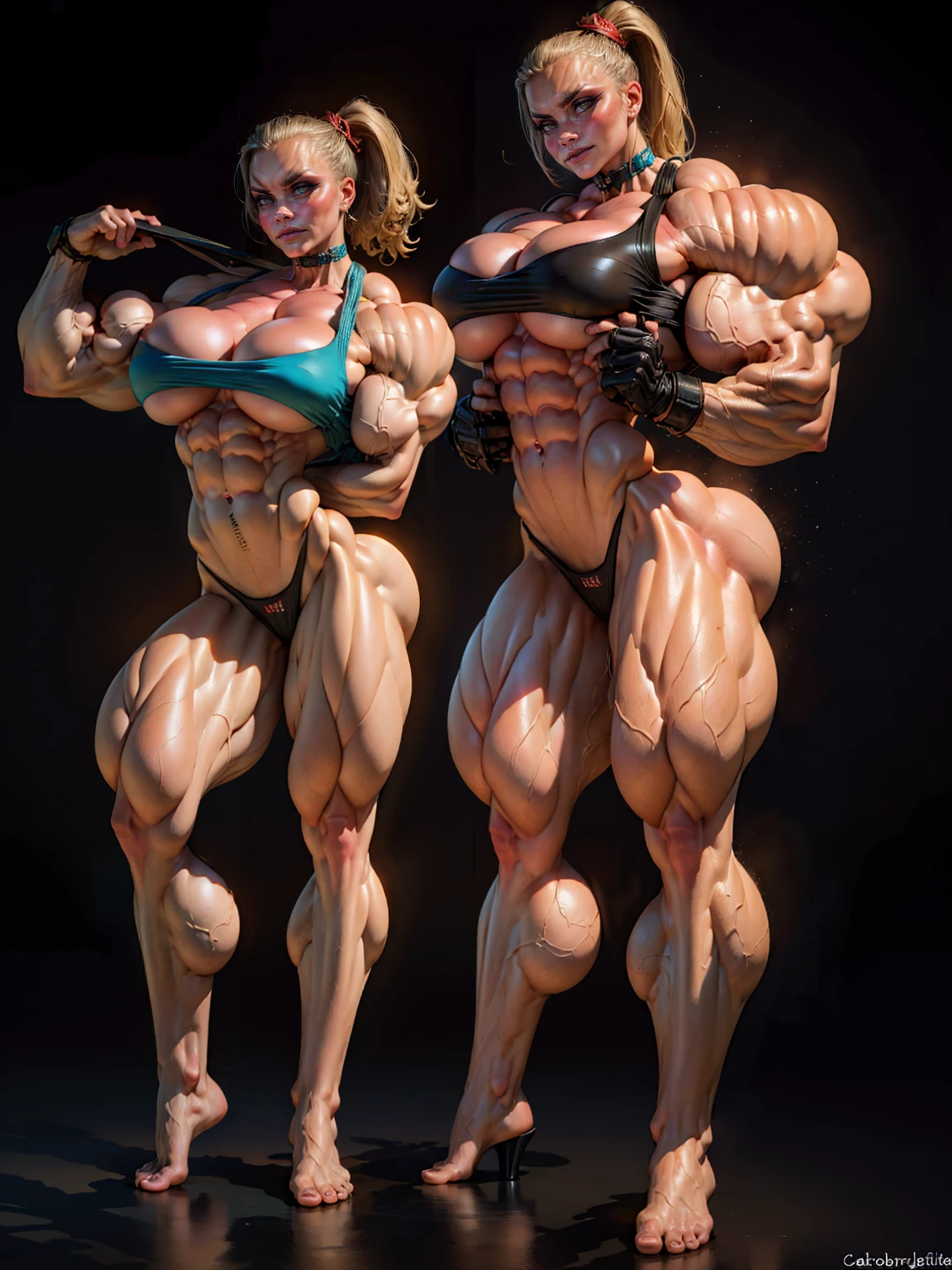 (1 girl), (cara delevingne:1.25), ((wide shoulders:1.5)), (woman wearing a dominatrix outfit with huge tits:1.5), earrings, eyeshadow, lipstick, (full body pose:1.5), (ten pack abs:1.5), (full body view:1.5), ((large muscular veiny breasts:1.5)), choker, (sculpted muscles:1.9), detailed eyes, (muscular body:1.9), (looking at viewer), (smile:1.5), round ass, night time, rim lighting, two tone lighting, dimly lit, clean skin, low key (DETAILED SKIN), licking lips, (naughty girl face:1.25), naughty, bokeh, (blank dark background:1.5), in the art style of peter mohrbacher