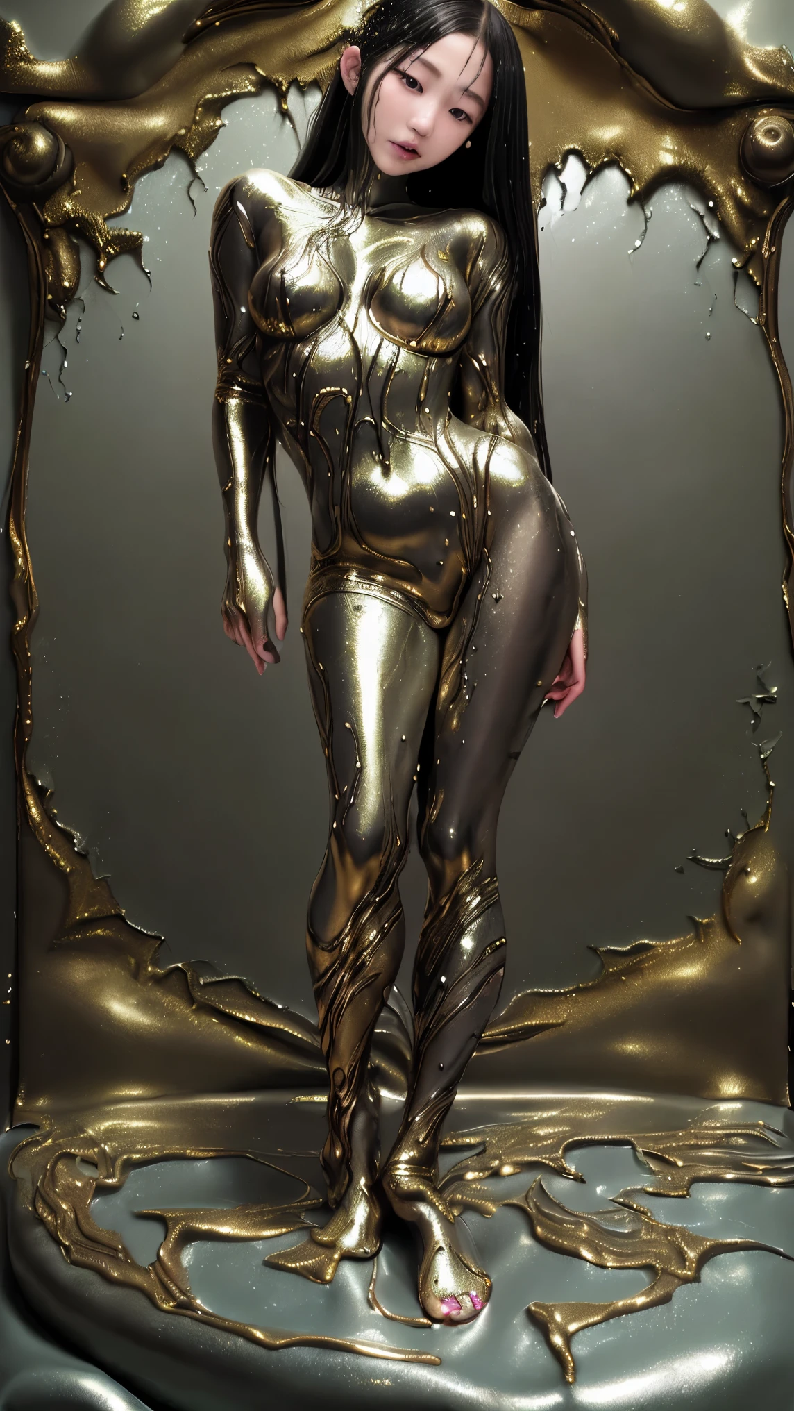 ((Browsing Caution))、最high quality、high quality、Best image quality、8k、最High resolution、High resolution、最high quality、masterpiece、RAW Photos、whole body写真、Detailed and realistic human body、Detailed and realistic skin、Realistic face in every detail、Realistic reproduction of every detail、Detailed and realistic lips、Detailed and realistic teeth、Detailed and realistic ears、Detailed and realistic hair、Realistic reproduction of every detail、Realistic fingers in every detail、(Beautiful Hands、thumb１reference４)、Realistic feet down to the last detail、Realistic feet down to the last detail、Realistic breasts down to the last detail、Realistic areola down to the last detail、Realistic nipples down to the last detail、Realistic pussy down to the last detail、Realistic vagina down to the last detail、Realistic clitoris in every detail、Realistic anus down to the last detail、((Beautiful Japanese Girl))、(Japanese Model), (Japanese women)、((18 year old beautiful girl))、(Black Hair)、(Random Hairstyles)、((whole body))、((Beautiful upward-facing breasts))、(Slim and perfect body)、(whole body光沢肌、Fair skin)、Soft natural light、Interior of a medieval European mansion、Interior decorated with artwork from the 1690s、 Inside a 1600s mansion、Classic Bedroom、Complex room、Classic interior、(Reflective Metal Slime)、(Mirror-finished metallic slime)、((Mirror Metallic(Apply metallic goo all over the skin))、((Mirror-finished metallic slime(The lines of the body are clearly visible))、((From the top of your head to the tips of your toes(Mirror Metallic肌))、Sexy pose