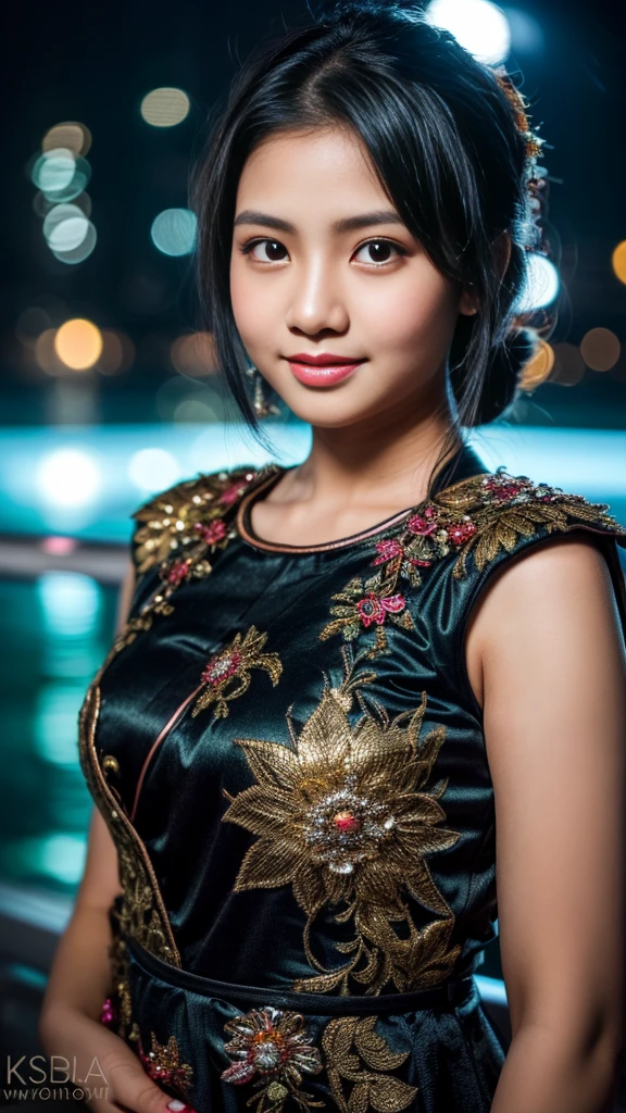 (16 year little girl), Malay Beautiful face,Black hair and black eyes, wearing kebaya, High quality real photos, sharp details, sharp focus, night bokeh background,