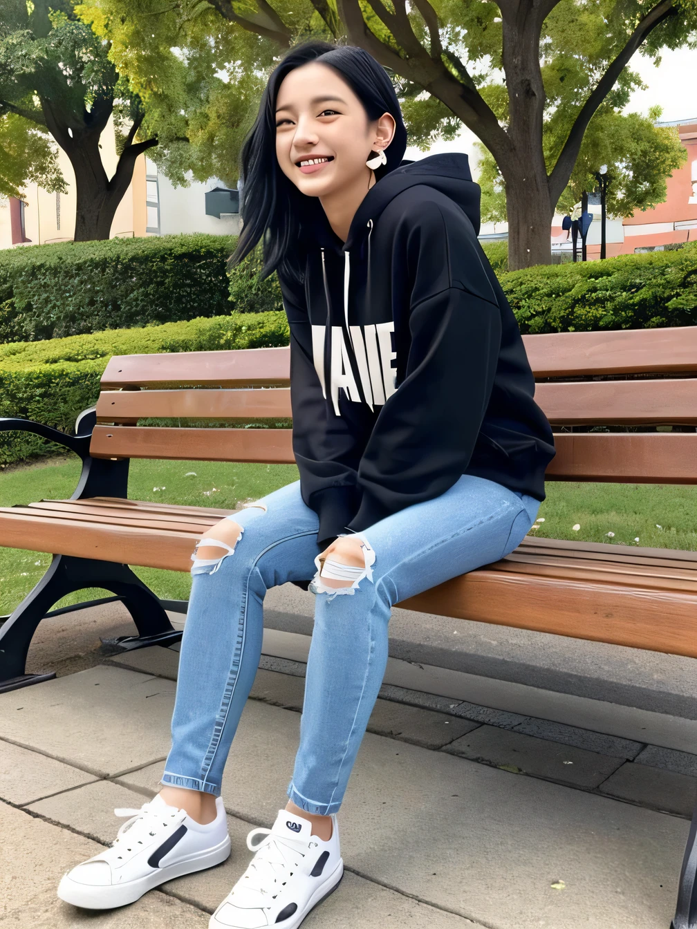 highest quality)), ((masterpiece)), (Get used to it), Perfect Face、((highest quality)), A beautiful and elegant woman sitting on a park bench、ear piercing、hoodie、Skinny jeans、sneakers、Black Hair、Smiling with teeth showing、Full body photo、Ear piercing information