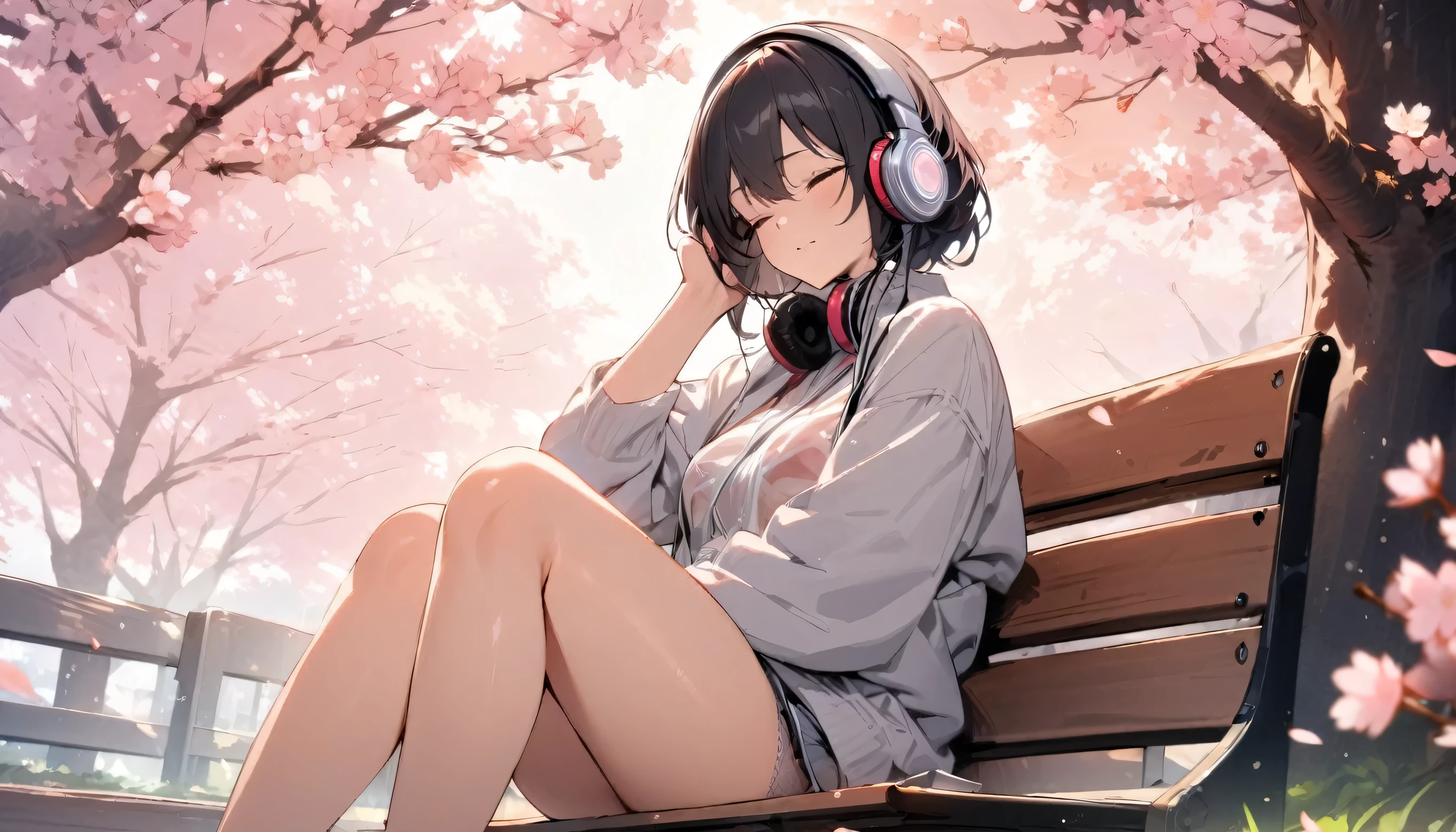 ((best quality)), ((masterpiece)), (detailed), perfect face, sitting under the cherry blossom tree, listening to music, One woman, wearing headphones, eyes closed, wearing underwear, underwear is transparent, sitting on a bench