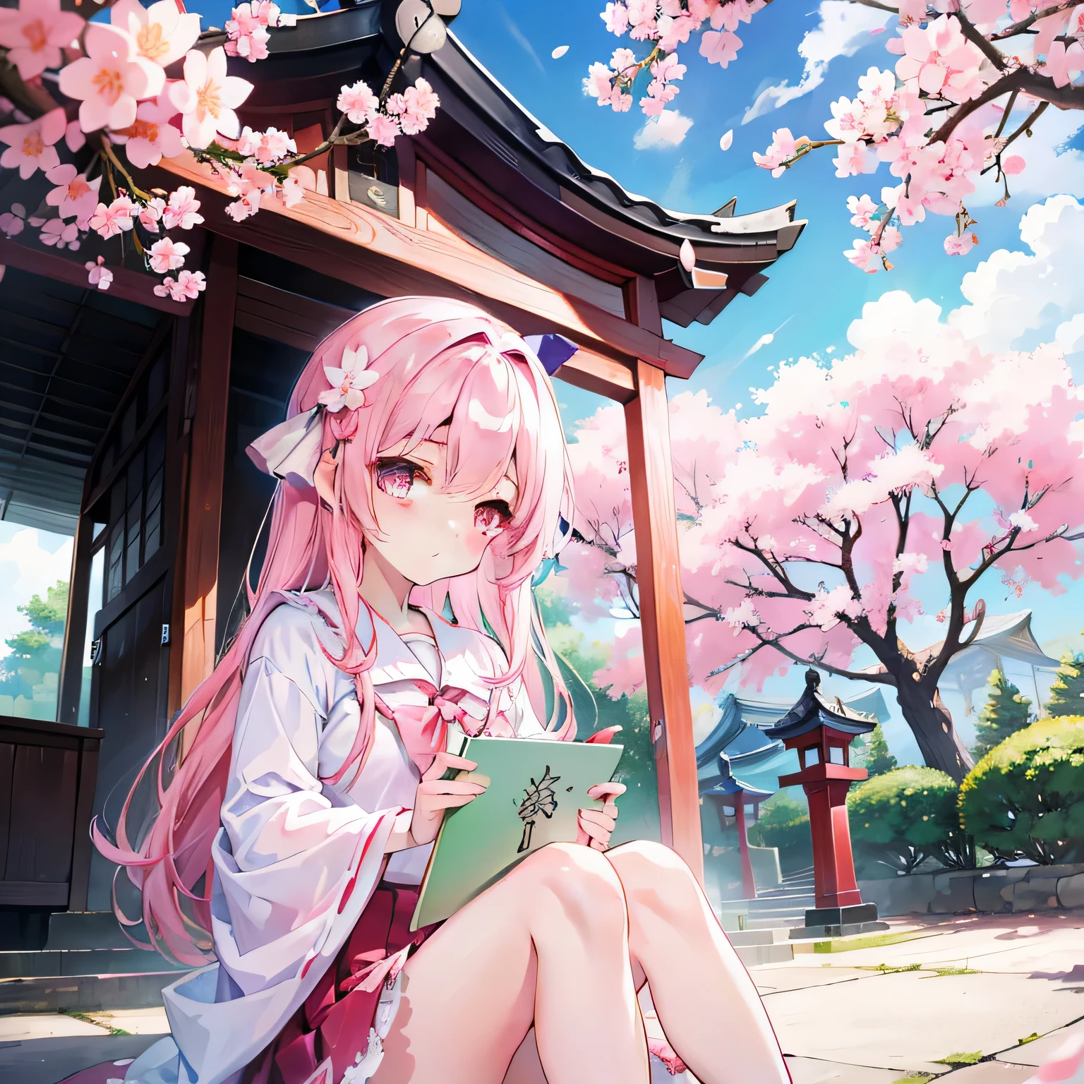Pink straight hair,cherry blossoms,Beautiful cherry blossoms tree in the background with cherry blossoms in bloom,She is a kind person, cute, Cute Girls、Shrine maiden服、Shrine maiden、Ink painting
