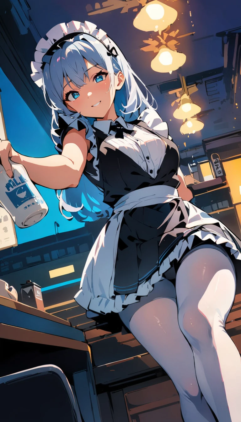 (high quality, 8k, 4K, High Contrast, masterpiece:1.2, 最high quality, Best aesthetics), , Maid, Very detailed, Seductive and erotic girl with lace headdress, smile, (Normal milk, Silver fur), Focus on the face, Focus on the face, Complex eyes, tights, laced tights, coffee shop, Ground angle shot, Viewers looking up, feet in tights, Open-chested clothing