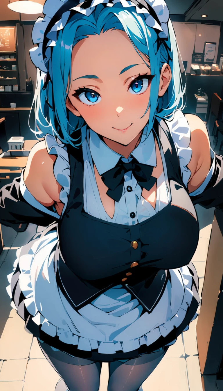 (high quality, 8k, 4K, High Contrast, masterpiece:1.2, 最high quality, Best aesthetics), , Maid, Very detailed, Seductive and erotic girl with lace headdress, smile, (Normal milk, Silver fur), Focus on the face, Focus on the face, Complex eyes, tights, laced tights, coffee shop, Ground angle shot, Viewers looking up, feet in tights, Open-chested clothing