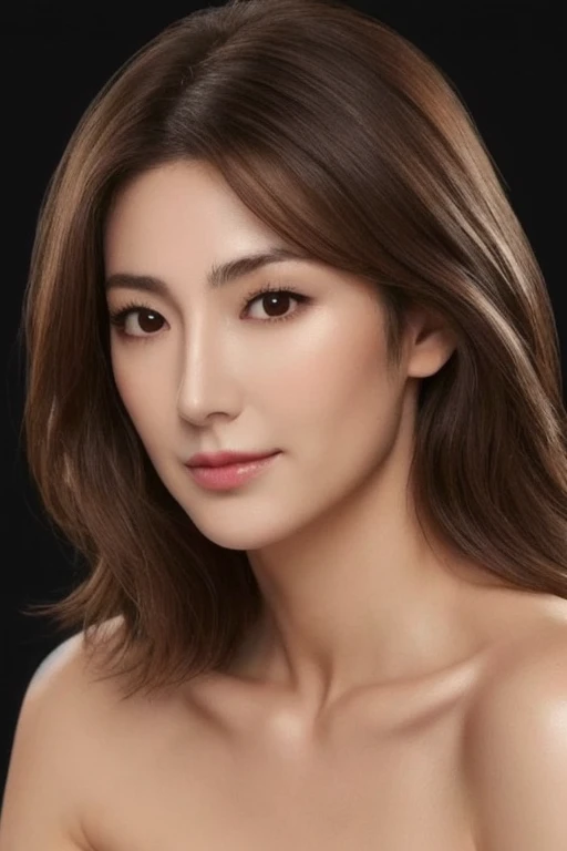 Ultra-high resolution, masterpiece, highest quality, perfect glowing skin, Perfect lighting, Detailed lighting, Japanese muscular middle-aged woman、, Beige thin knit, View Camera, Off the shoulder, Brown wavy hair with highlights、Big Breasts, Large exposed cleavage, Black double eyelids, Browsing Caution, ((Dark Background)), Sexy Face, The facial expression when feeling happy, Open the mouse,