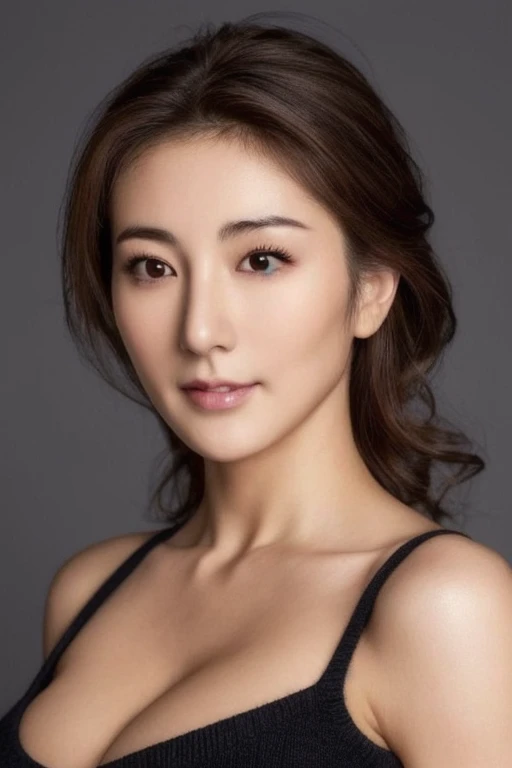 Ultra-high resolution, masterpiece, highest quality, perfect glowing skin, Perfect lighting, Detailed lighting, Japanese muscular middle-aged woman、, Beige thin knit, View Camera, Off the shoulder, Brown wavy hair with highlights、Big Breasts, Large exposed cleavage, Black double eyelids, Browsing Caution, ((Dark Background)), Sexy Face, The facial expression when feeling happy, Open the mouse,