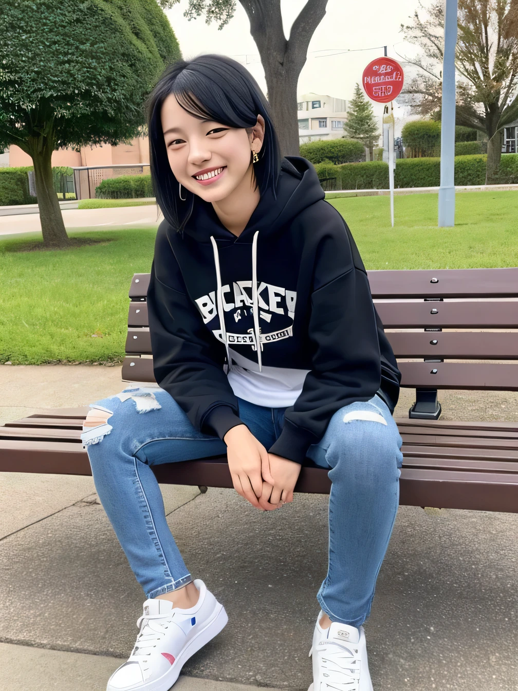 highest quality)), ((masterpiece)), (Get used to it), Perfect Face、((highest quality)), A beautiful and elegant woman sitting on a park bench、ear piercing、hoodie、Skinny jeans、sneakers、Black Hair、Smiling with teeth showing、Full body photo、Ear piercing information

