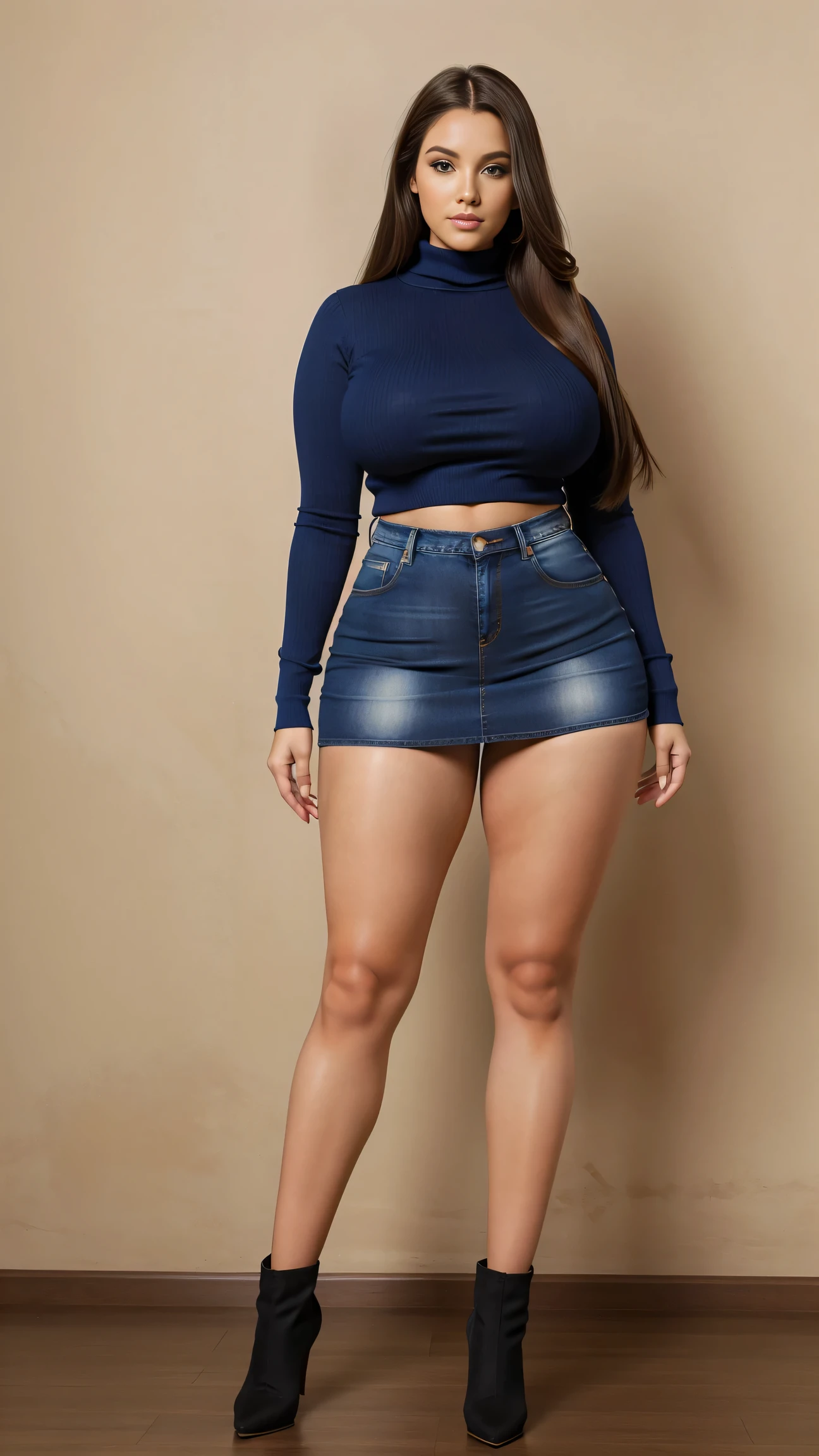 Full body shot of 1 beautiful woman, adult, large body, voluptuous woman, (very long straight hair),( brunette hair), outlined eyelids, made-up eyelids, turtleneck sweater, scarf, neckline, (blue mini denim skirt), tempting , dreaming, curvy hourglass figure, oppai proportion, tight skirt , tall, tall, long legs