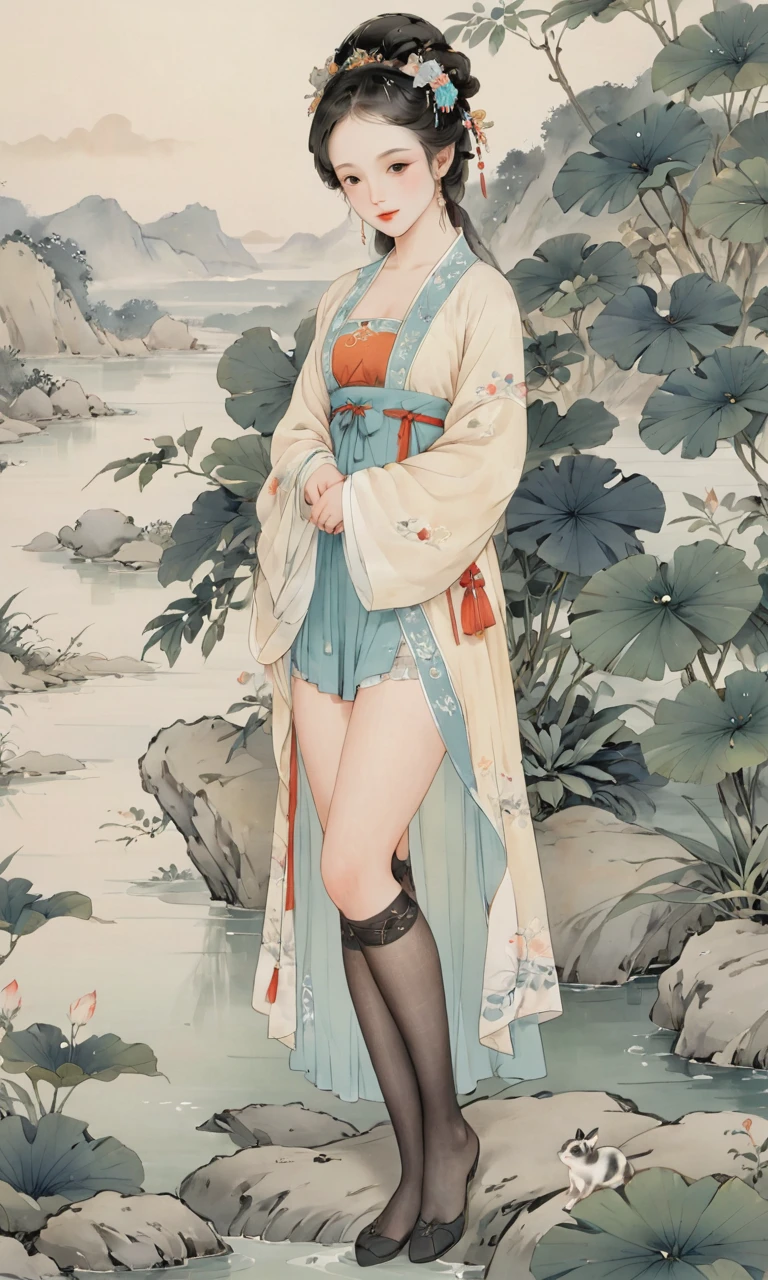 8k, masterpiece, best quality, two-dimensional, (Chinese traditional ink painting:0.2), (perfect hands:1.4), stockings，Wearing hanfu，The stockings on the legs are exposed，River in the background，koyama，Small animals