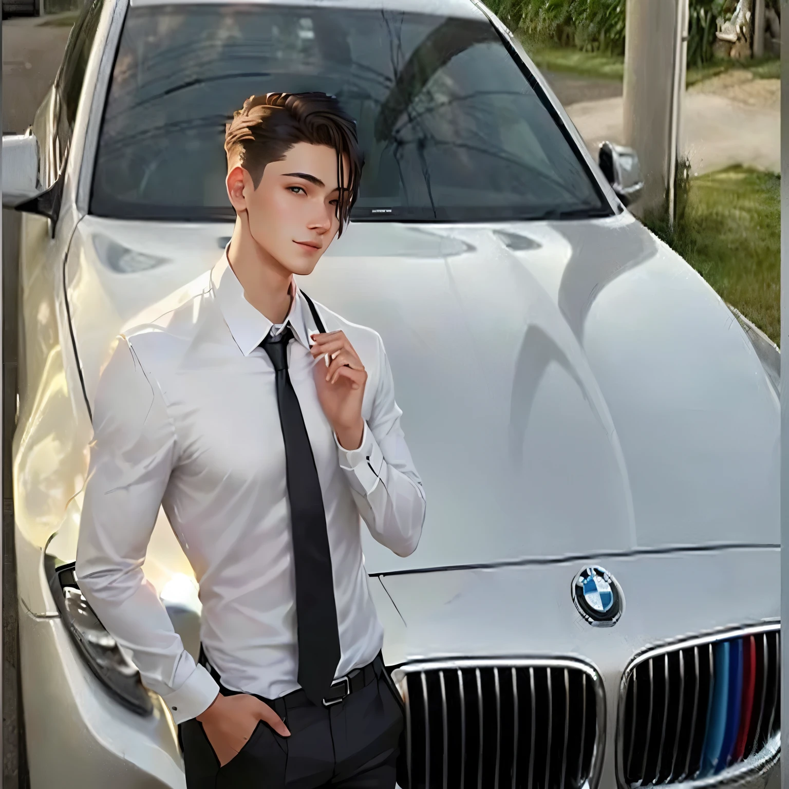 a young man.wear white shirt.Black suit pants.Wear blue tie.with a smile on face.Standing against the hood of a BMW.Cross your hands on your chest.young man with short hair.masterpiece, best quality, (Extremely detailed CG Unity 8K wallpaper), (best quality), (Best Illustration), (The best shadow), absurd, Realistic lighting, (abyss), Beautiful and delicate light, Artworks by Peter Mohr Bacher,