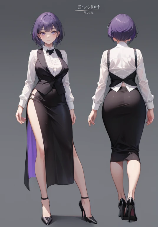 ((Perfect Face)),Purple Hair,short hair,1 female,bartender,,Black vest,skirt,slit,High heels,((Simple light color background)),((smile)),((whole body)),((whole body)),Portraits,Character Sheet,upright,expensive