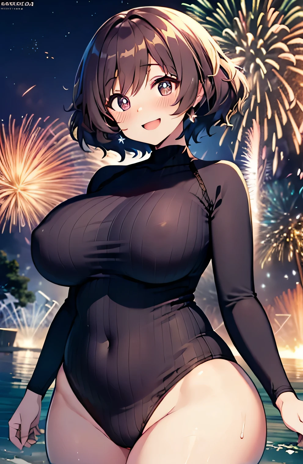 Anime illustration、highest quality、A short and plump high school girl、Rash guard、Fireworks display、Perfect proportions、overwhelmingly big breasts、Beautiful, shining eyes、Cowboy Shot、Blushed、smile
