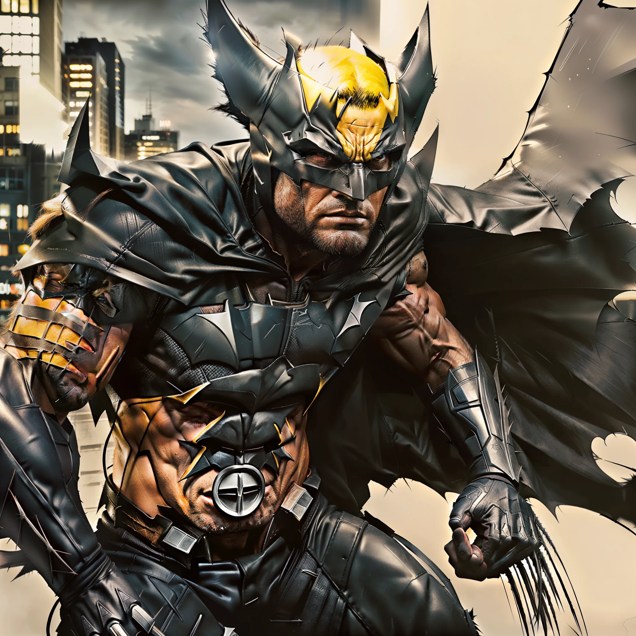 (Best quality, photorealistic) Batman and Wolverine merged, detailed face and costume, intense lighting, dark and gritty art style, dramatic shadows, muscular physique, brooding expressions, urban cityscape background