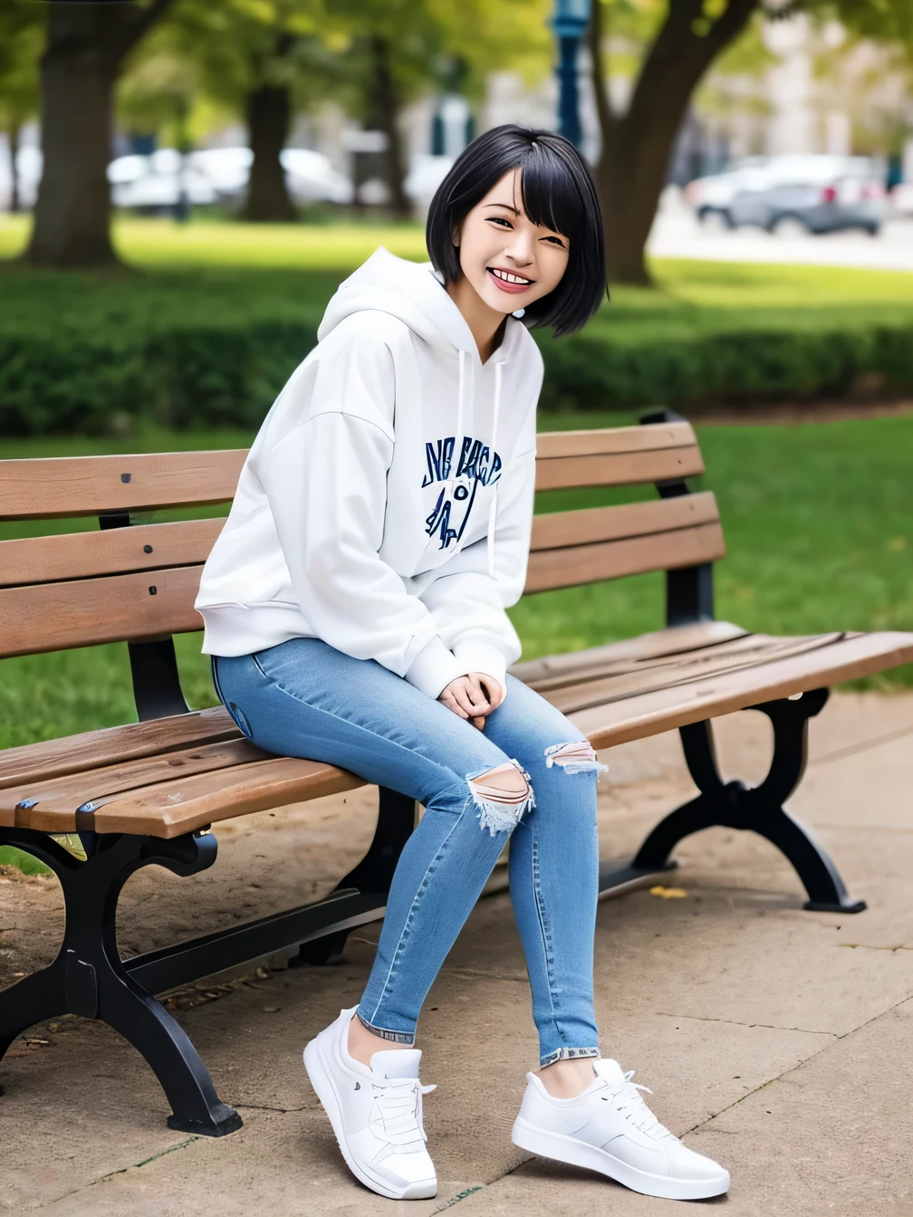 highest quality)), ((masterpiece)), (Get used to it), Perfect Face、((highest quality)), A beautiful and elegant woman sitting on a park bench、ear piercing、hoodie、Skinny jeans、sneakers、Black Hair、Short Haircut、Smiling with teeth showing、Full body photo、Ear piercing information
