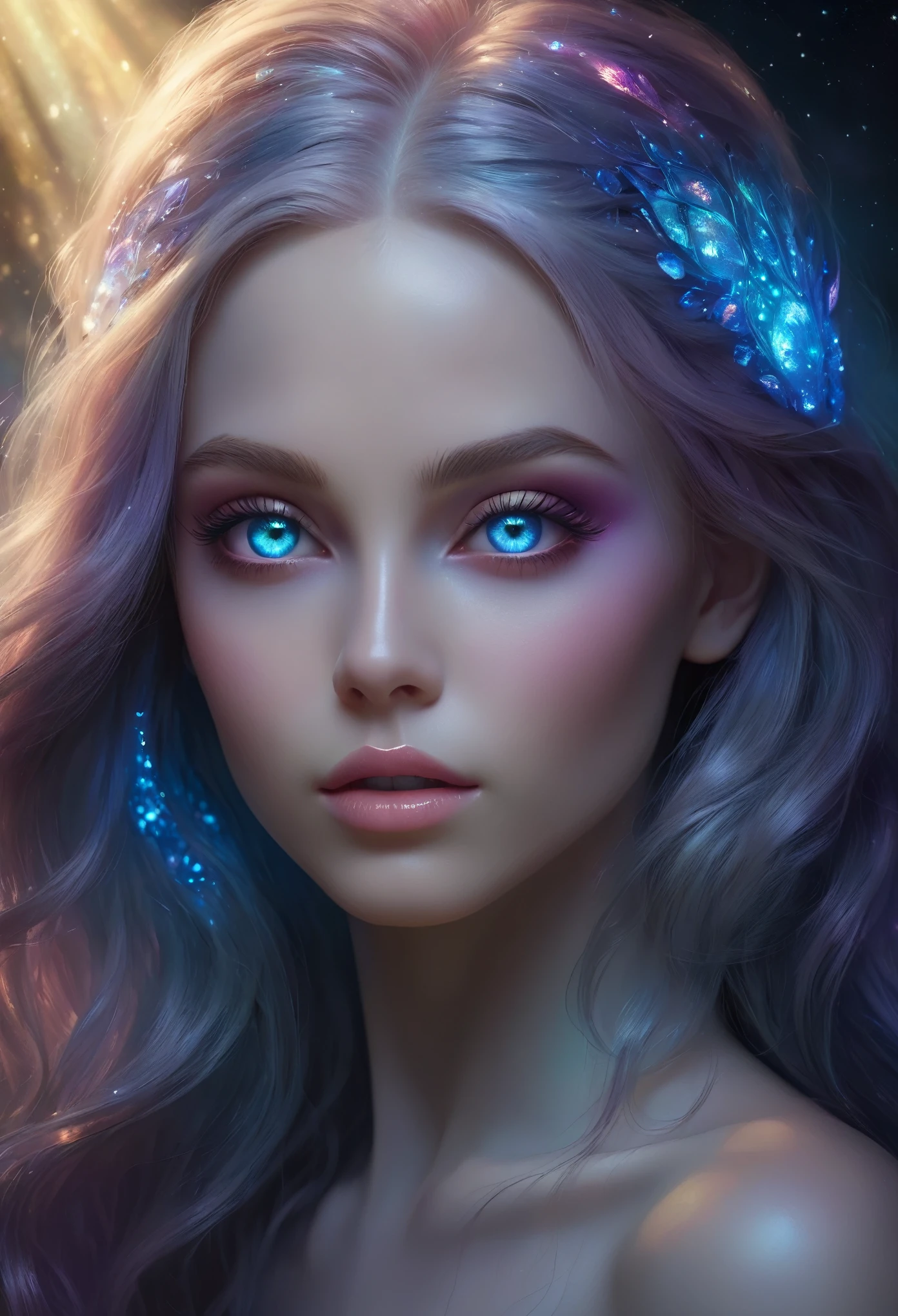 (best quality,4k,8k,highres,masterpiece:1.2),ultra-detailed,realistic,photo realistic:1.37,"(best quality,ultra-detailed,realistic:1.1),alien girl made of opal,translucent skin,beautiful detailed eyes,beautiful detailed lips,exotic features,long eyelashes,shimmering opalescent hair,glowing opal accessories,ethereal presence,medium:oil painting,with a mystical background,dreamlike landscape,portraits,dark,contrasting colors,soft,subtle lighting effects"(NSFW:1.3)