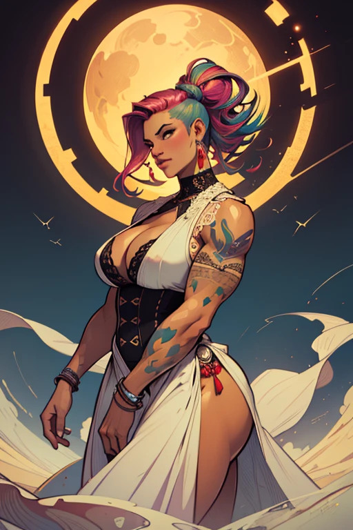 There is a curvaceous Mexican woman (huge breasts, cleavage, multicolored shaved side hairstyle) with Tribal tattoos all over her body and wearing a long flowing gown made of wind, clouds and fog, a beautiful artwork illustration, stunning digital illustration, Jen Bartel, exquisite digital illustration, tan and brown background, beautiful digital illustration, intricate digital painting, digital painting | intricate, highly detailed vector art, in style of digital illustration, gorgeous digital art, vector behance hd Jesper Ejsing, beautiful digital artwork