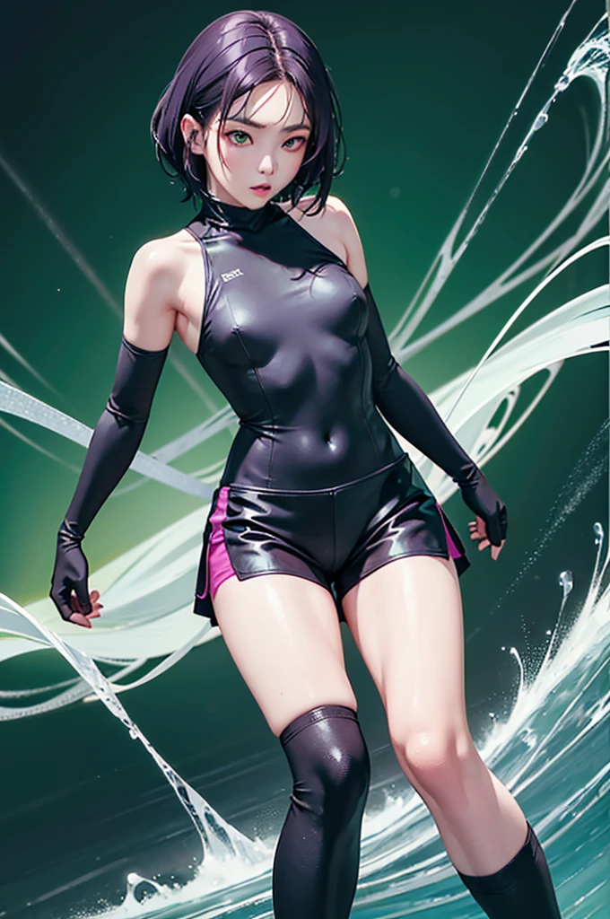 (Finest quality)),(A high resolution),(ultra-detailled art),(Meticulous portrayal),((Best Anime)),(Finest works of art),sharpness,Clear,Ultra-Precision Art,The art of astounding depiction, (Female Ninja in the Dark:1.3),
short Hair,
purple hair, vibrant purple hair, extremely detailed hair, bangs, short hair only,
pretty eyes,
beautiful eyes, detailed eyes, perfect eyes, green eyes,
pretty face,
beautiful lips, soft lips,pretty face, close up face, korean girl, korean beauty, irene, red velvet irene,serious face,
pretty nose,
beautiful nose,
clear skin,
clear skin, white skin, soft skin,
slim body,
small breasts, normal thighs, show navel, perfect body,
ninja clothes,
ninja outfit, black outfit, black skirt, thigh-level skirt, safety shorts, cycling shorts, ninja shorts, long shorts, ninja armor, female ninja suit,reveal shoulders, show slight cleavage, black top, black thigh-high socks, arm sleeves,
fighting pose,
looking at camera, attack pose, fighting pose,
water element,
water splash behind, waterbender, in water, big water waves, green floating lights,
green aura glowing from the hands, standing in water,
healing element,
green aura, sparkling green glow, many green lights behind,emerald lights,
high-angle shot,
looking up,