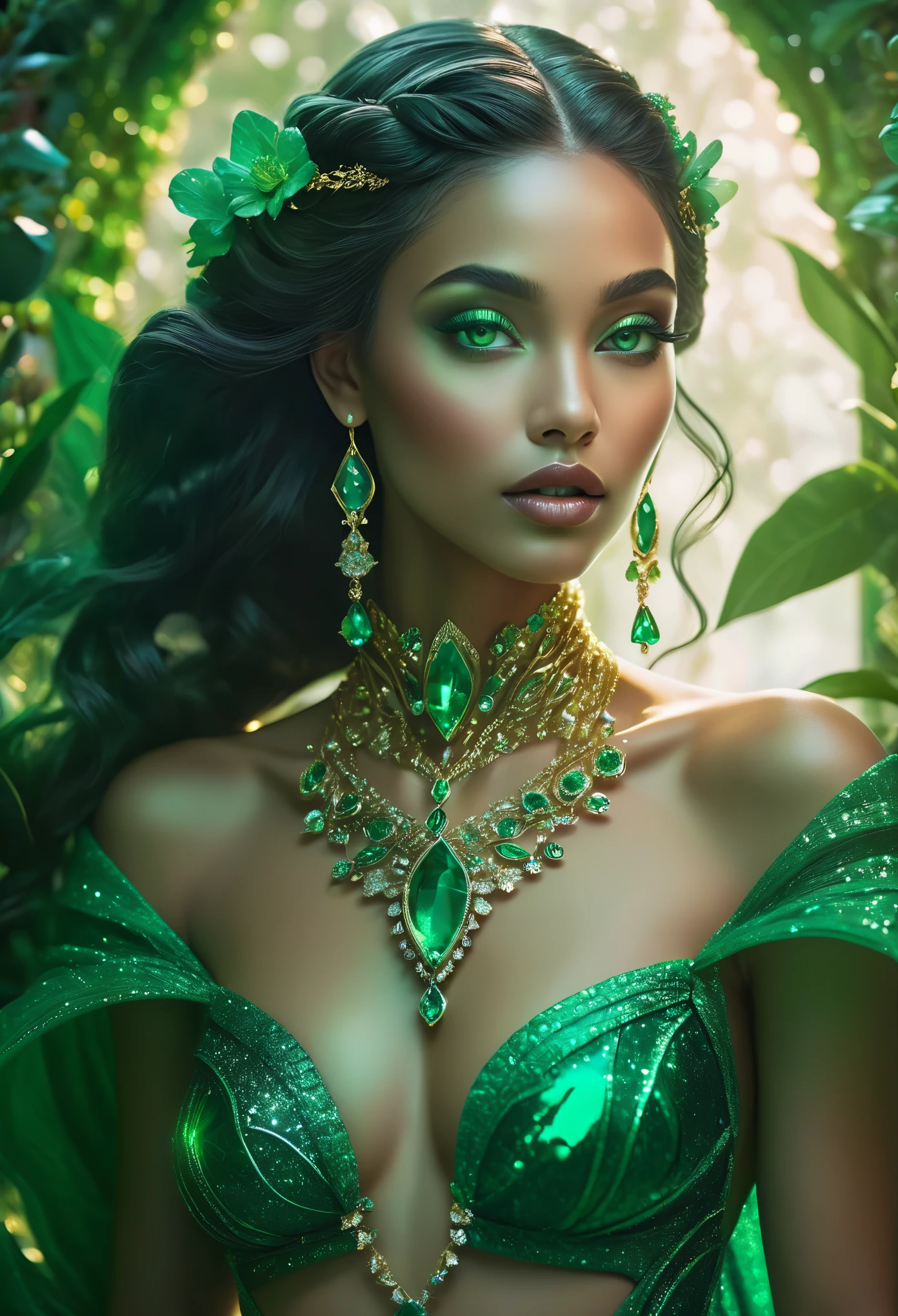 (best quality,4k,8k,highres,masterpiece:1.2),ultra-detailed,realistic:1.37,an alien girl with a body made of emeralds,shimmering diamonds on her skin,two long silver braids,exotic facial features,large emerald-shaped eyes,plump emerald-colored lips,delicate facial structure,golden jewelry adorning her face,a slender figure with curvaceous emerald contours,glimmering emerald dust floating around her,emerald particles radiating from her body,standing tall in a vibrant garden filled with emerald-colored flowers and plants,dressed in a flowing emerald gown adorned with intricate emerald patterns,her gown seamlessly blending with the surroundings,evoking an otherworldly aura,illuminated by a soft ethereal light, casting a greenish glow on her emerald figure,creating a surreal atmosphere,showcasing the beauty of the emerald alien girl.(NSFW:1.4)