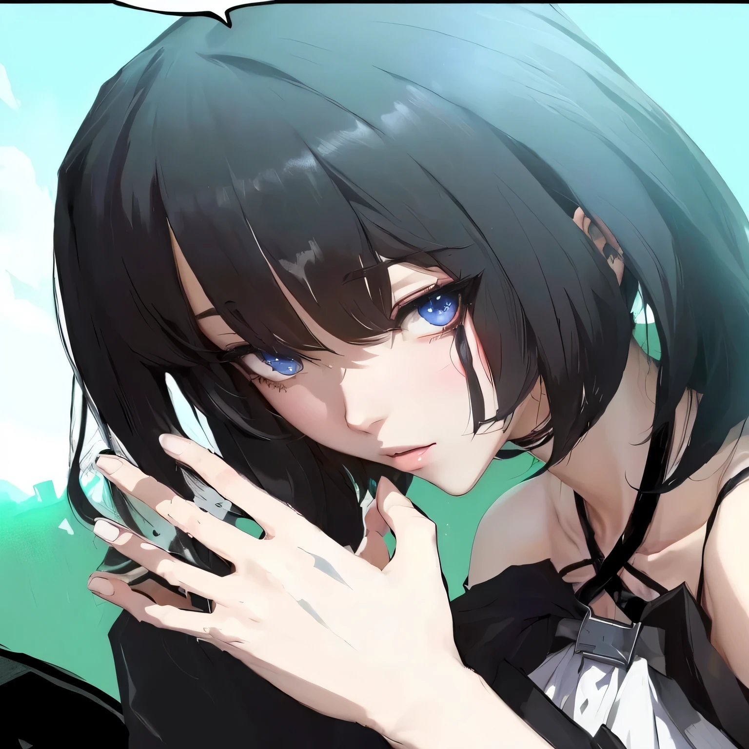 Anime girl with black hair and blue eyes raising her hand, from Girls on the front lines, the tiny details. Girls on the front lines, Albedo from the anime Overlord, Girls on the front lines cg, By Jin Homura, anime style like fate/Stay for the night, Black anime pupils in her eyes, black, Anime mo art style, Image of Gabmo Yandere Grimdark, Female anime character