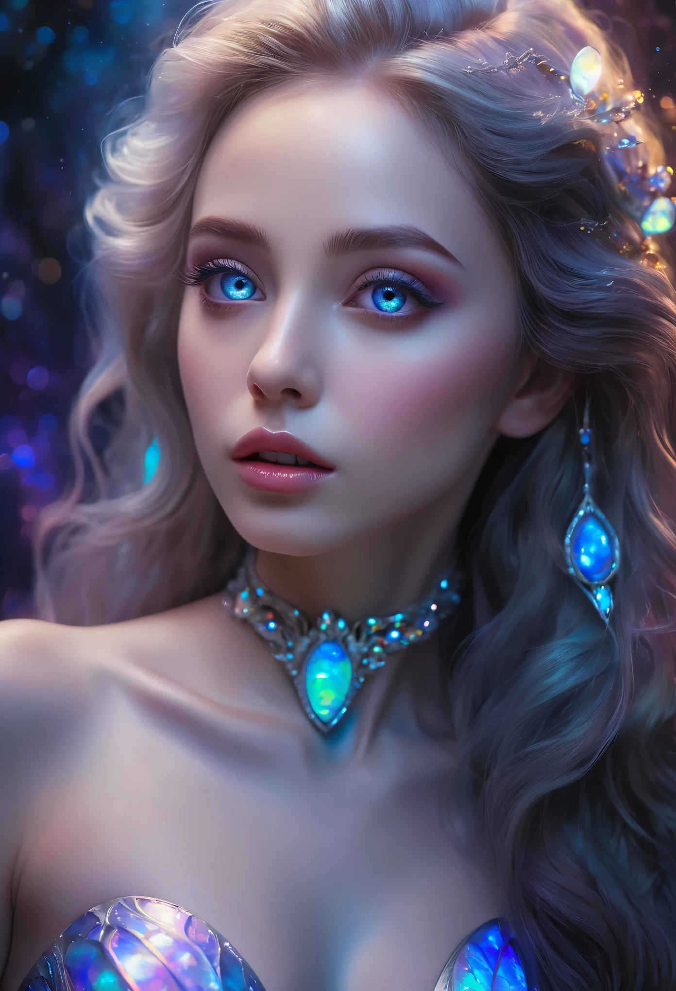 (best quality,4k,8k,highres,masterpiece:1.2),ultra-detailed,realistic,photo realistic:1.37,"(best quality,ultra-detailed,realistic:1.1),alien girl made of opal,translucent skin,beautiful detailed eyes,beautiful detailed lips,exotic features,long eyelashes,shimmering opalescent hair,glowing opal accessories,ethereal presence,medium:oil painting,with a mystical background,dreamlike landscape,portraits,dark,contrasting colors,soft,subtle lighting effects"(NSFW:1.3)