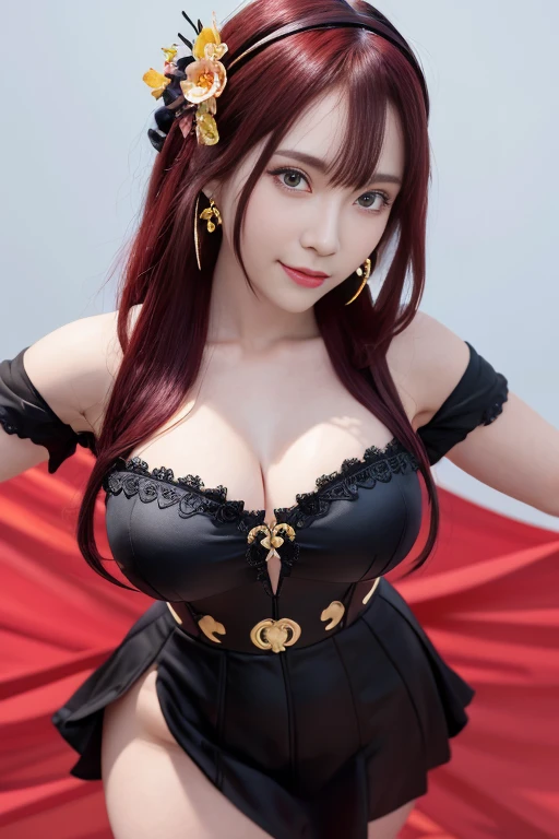 yor briar, anime style beutiful woman, 1girl, happy, sexy pause,(with sparkling eyes and a contagious smile:0.9),red face, closed mouth, beautiful detailed eyes, super detailed skin, backlighting, bare shoulders, black background, black dress, black gloves, black hair, breasts, dress, earrings, fingerless gloves, floating hair, floral print, flower, gloves, gold earrings, gold hairband, hair flower, hair ornament, hairband, holding, holding weapon, jewelry, large breasts, long hair, looking at viewer, off-shoulder dress, off shoulder,red eyes, short hair with long locks, sidelocks, solo, spikes, thighs, two-sided dress, two-sided fabric, weapon, fighting stance , face, close up, from above, highest quality, looking at viewer,high resolution.