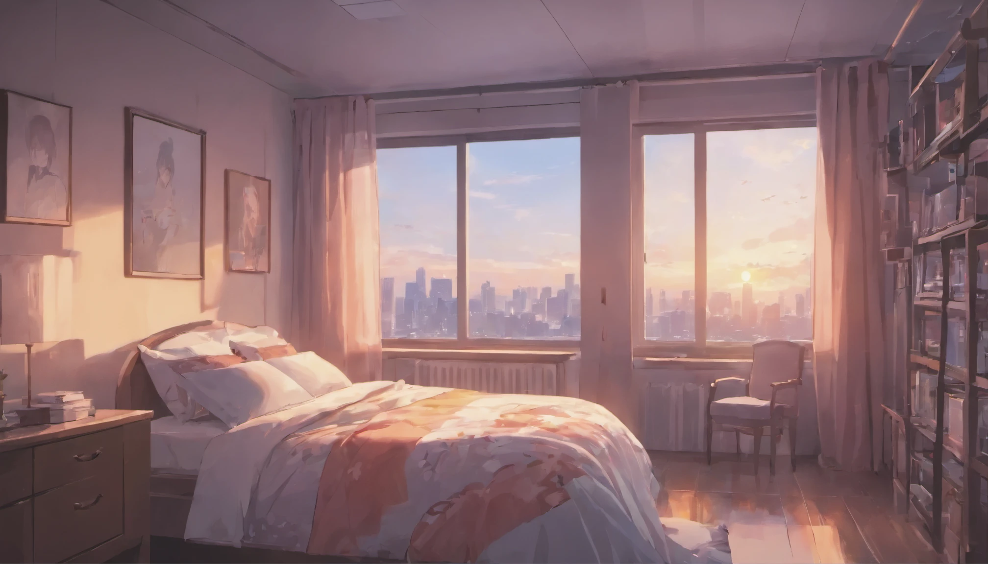A bedroom window with curtains，Look out，In the background is a quiet suburban area at dawn. Looks like something from an animation