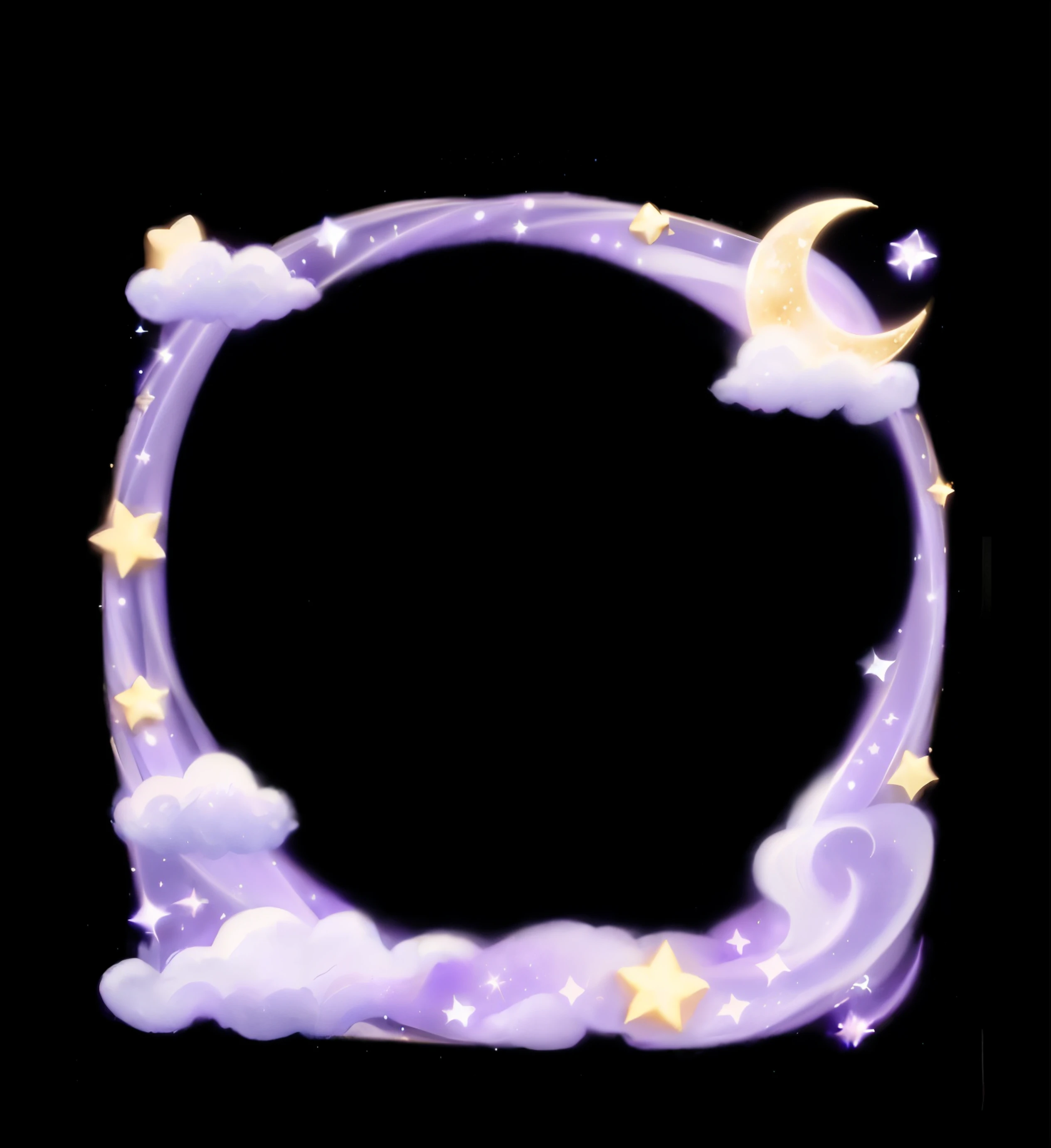 Close up of a purple frame with stars and clouds, dream soft, dream night, dream, ✨🕌🌙, fantasy puffy sky, dream portal, purple sky under moonlight, Moon and stars, new moon, themed on the stars and moon, [[fantasy]], omor, or, shining new moon, skyline, cloudy night