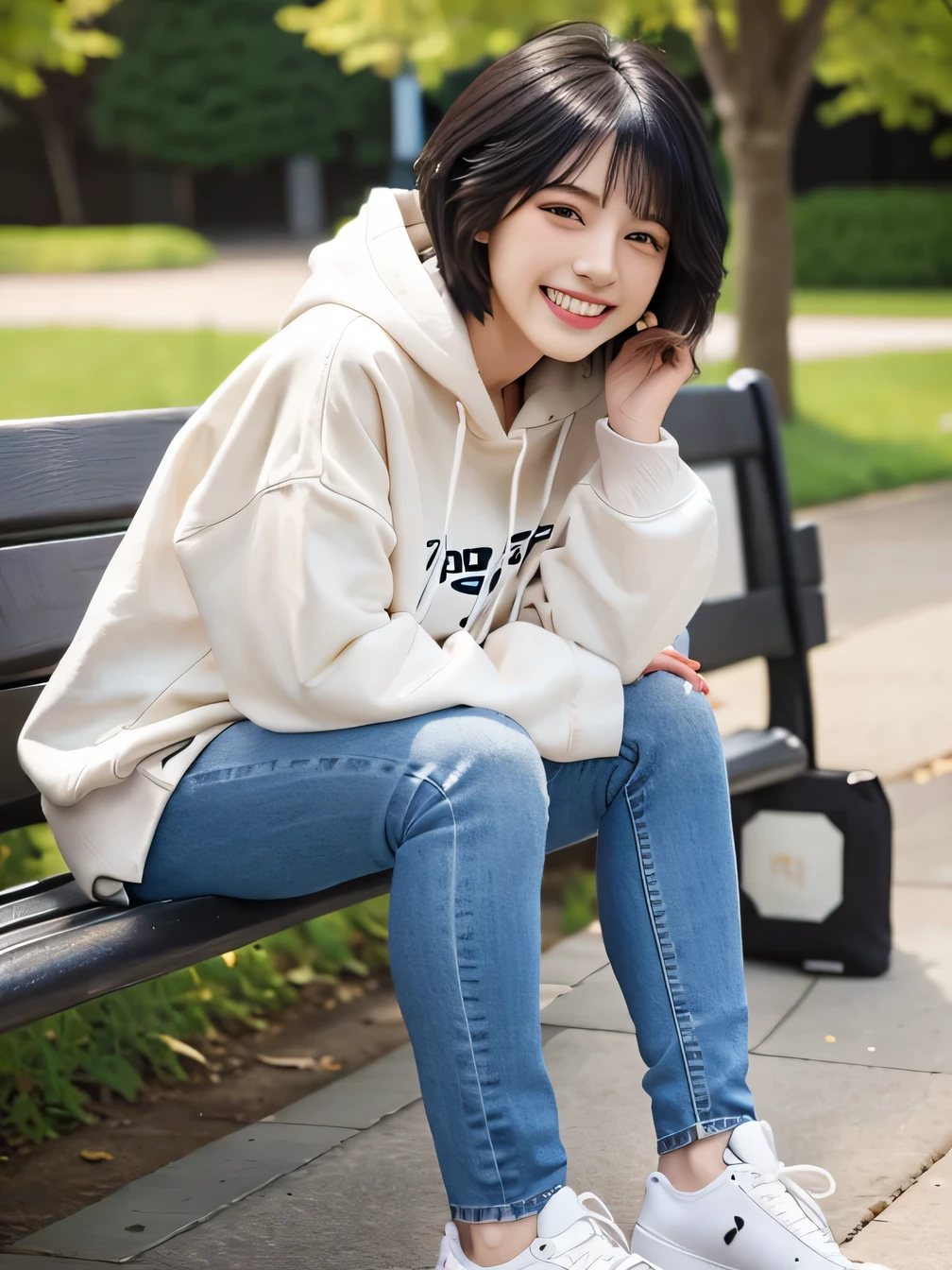 highest quality)), ((masterpiece)), (Get used to it), Perfect Face、((highest quality)), A beautiful and elegant woman sitting on a park bench、ear piercing、hoodie、Skinny jeans、sneakers、Black Hair、Short Haircut、Smiling with teeth showing、Full body photo、Ear piercing information