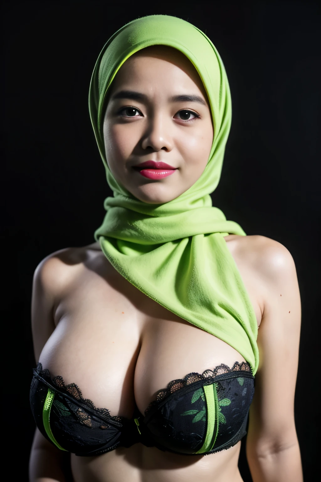 ((Gigantic tits:1.6)), (from behind up) seductive pose, ((Thin body:1.2)), (Happy smile), (((HIJAB MALAY GIRL))), masutepiece, High quality, UHD 32K, Realistic face, Realistic skin feeling , A Japanese Lady, 58 years old matured lady, (((FLAT CHEST))), (Night time at forest), ((look In front  at the camera and SADNESS)), (((GREEN FLUORESCENT & GREEN FLUORESCENT))), (((CUTE GIRL))), ((GREEN FLUORESCENT LIPS)), ((Floral Pattern)) little ((wearing pastel lace strapless bra)), dark night background , black forest night, horror scary place,